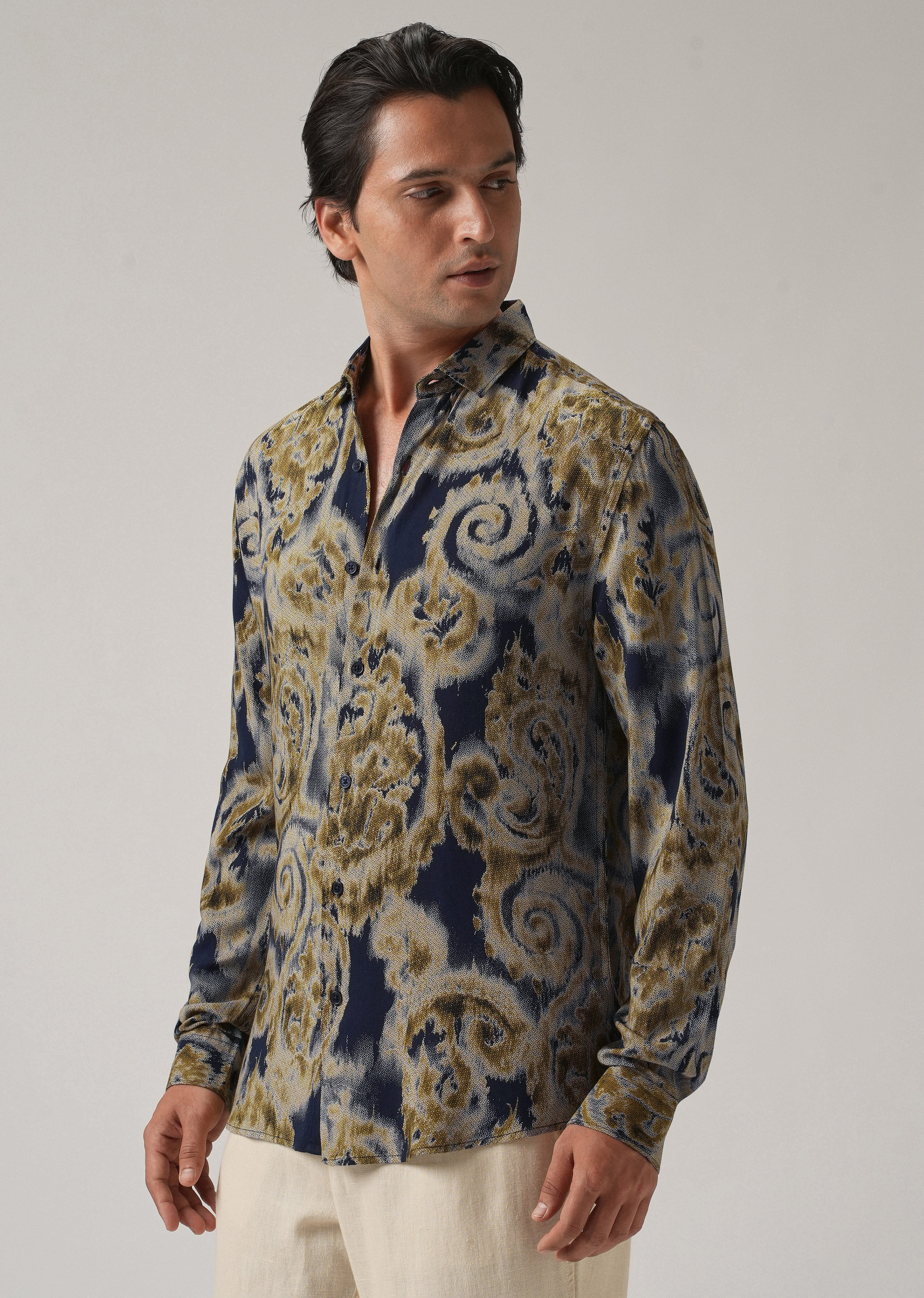 Tan Olive Distort Paisley Print Feather Shirt