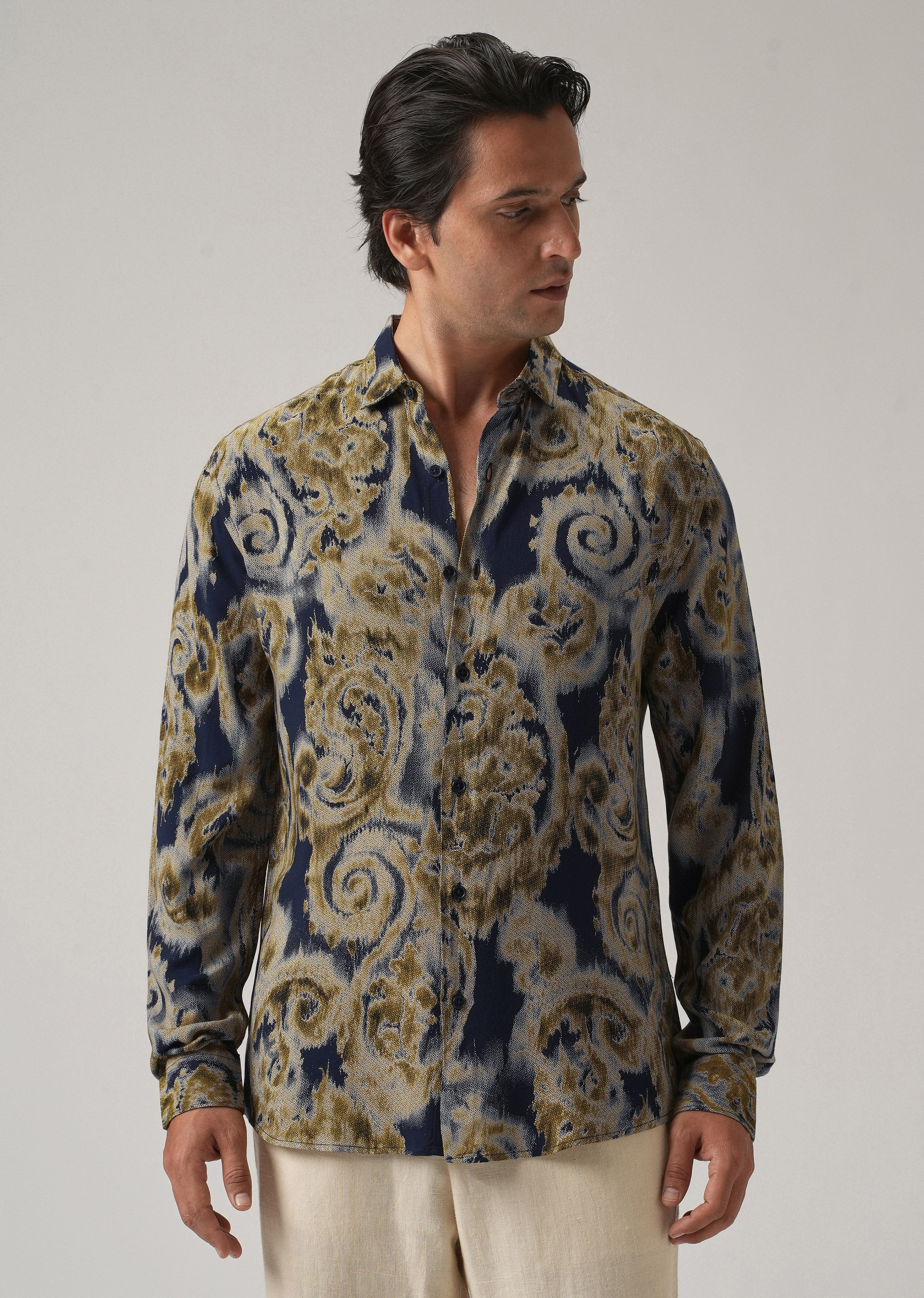 Tan Olive Distort Paisley Print Feather Shirt