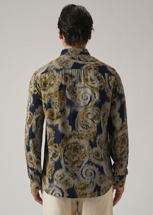 Tan Olive Distort Paisley Print Feather Shirt