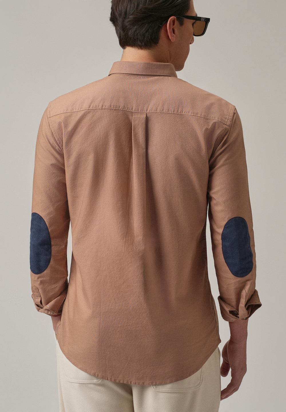 Tan Peach Plain Elbow Patch Oxford Shirt
