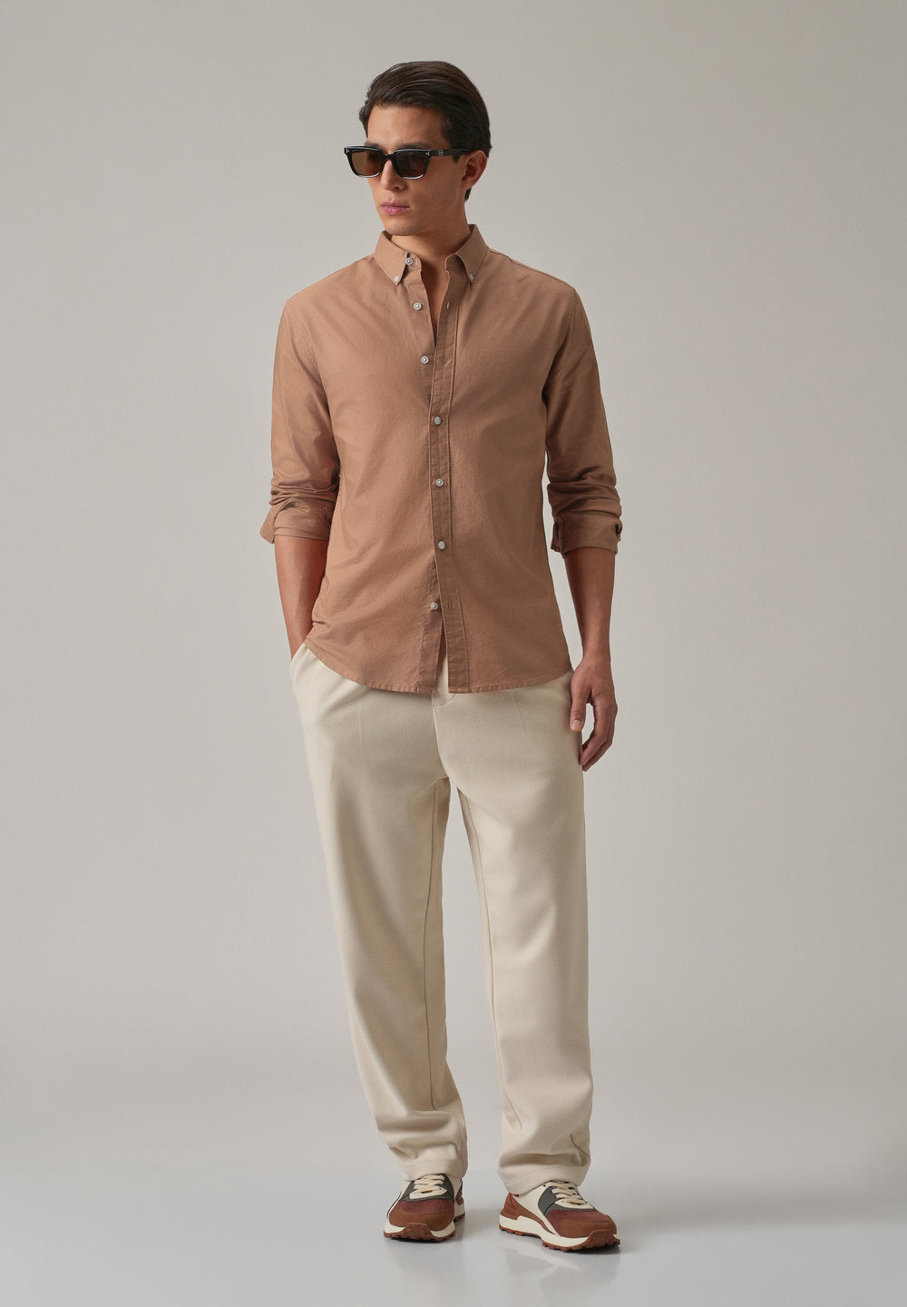 Tan Peach Plain Elbow Patch Oxford Shirt