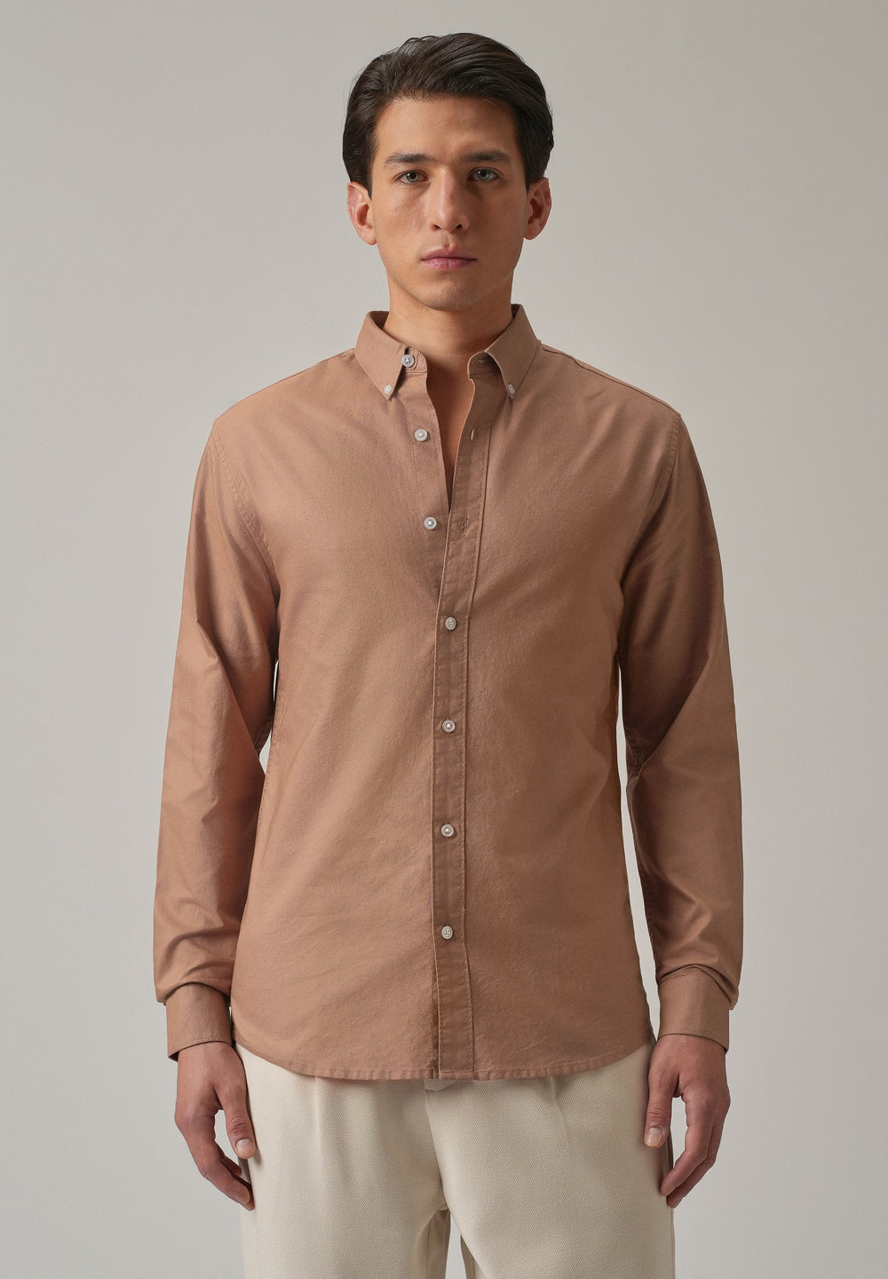 Tan Peach Plain Elbow Patch Oxford Shirt