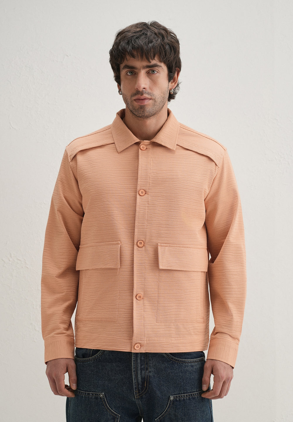 Tan Peach Waffle Textured Shacket