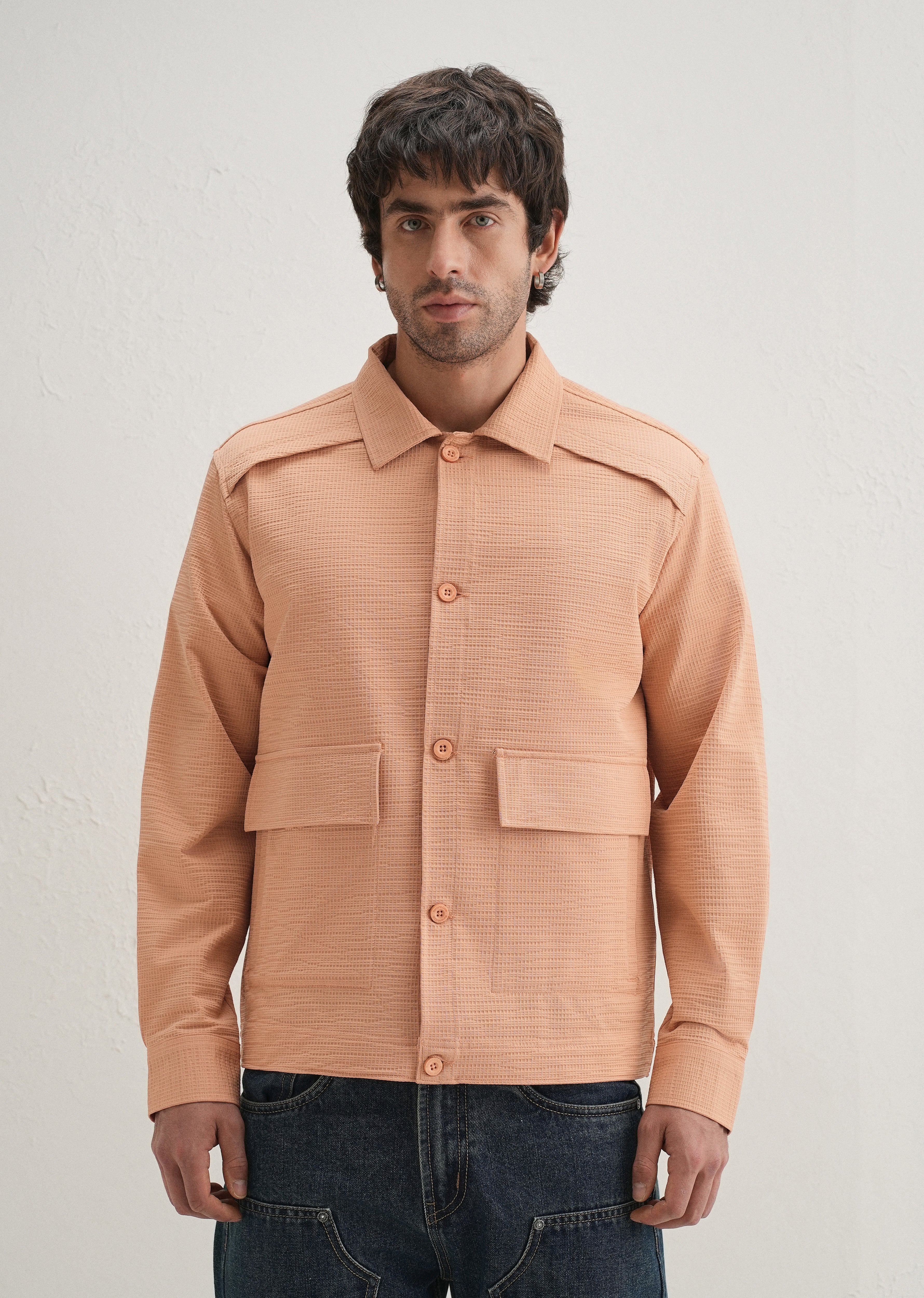 Tan Peach Waffle Textured Shacket