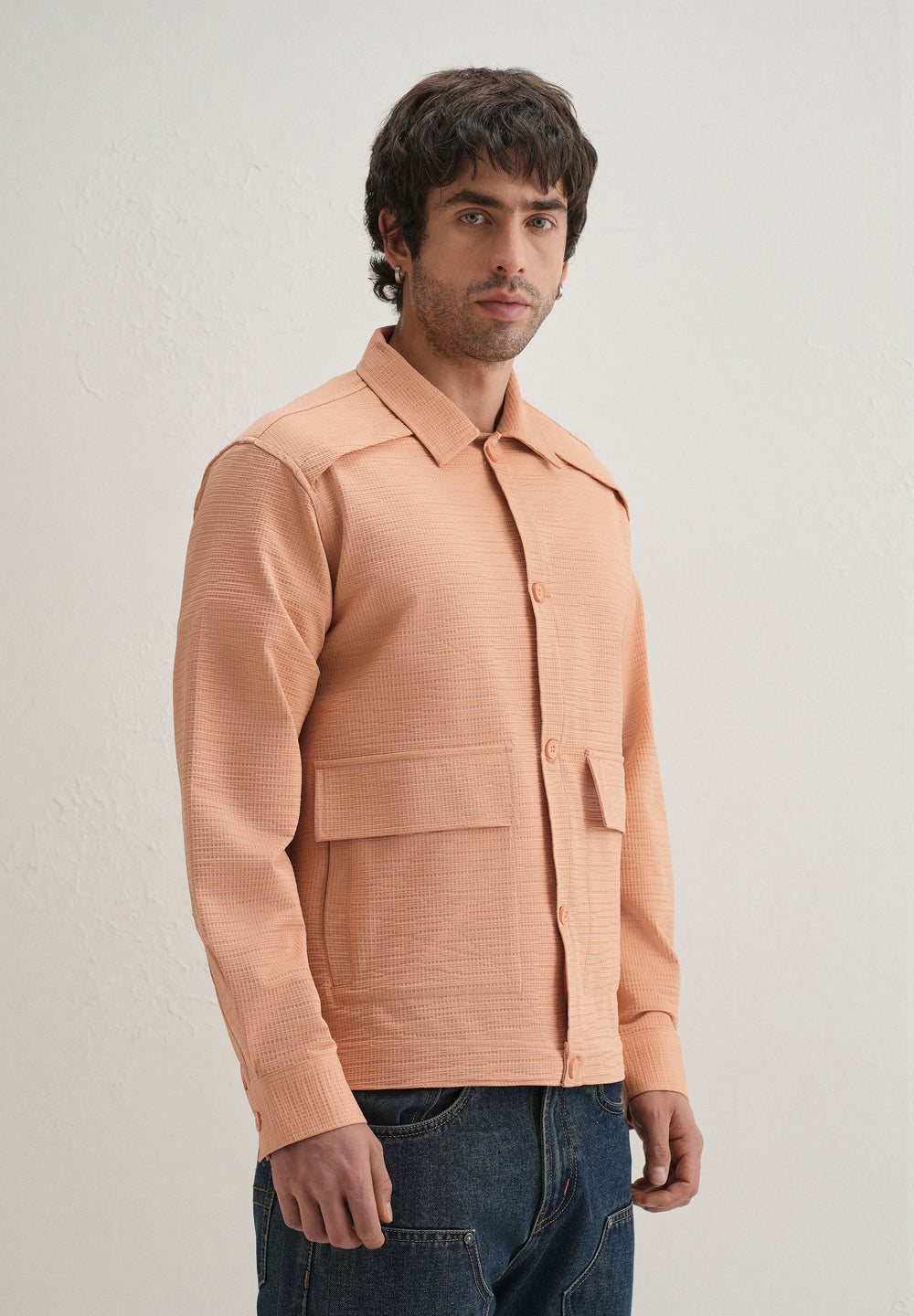 Tan Peach Waffle Textured Shacket