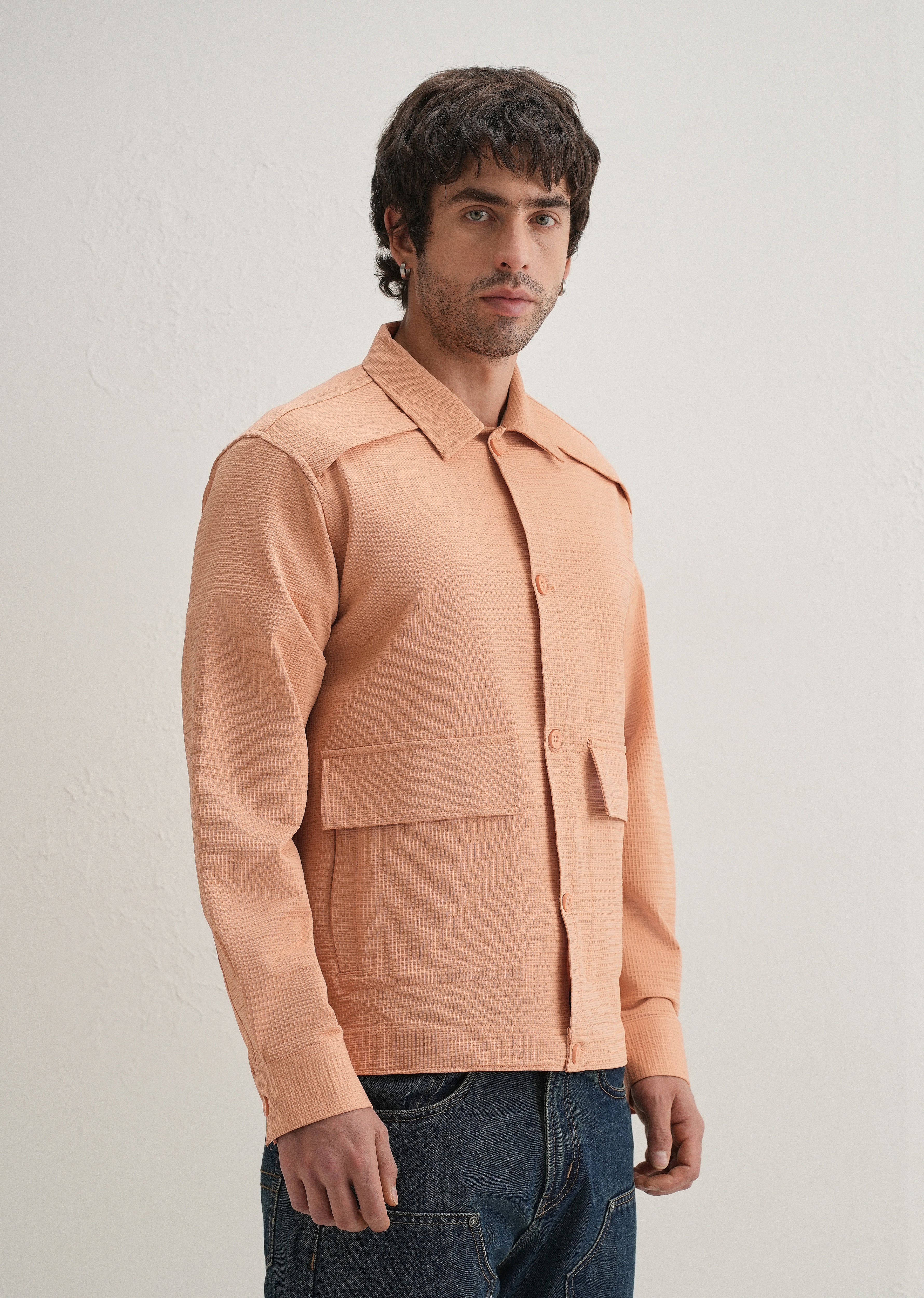 Tan Peach Waffle Textured Shacket
