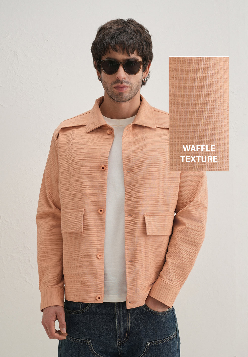 Tan Peach Waffle Textured Shacket