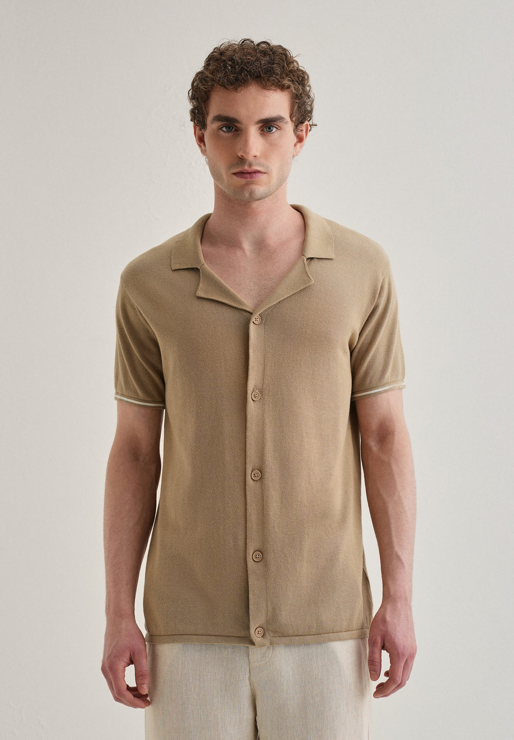 Tan Plain Knit Cuban Collar Shirt