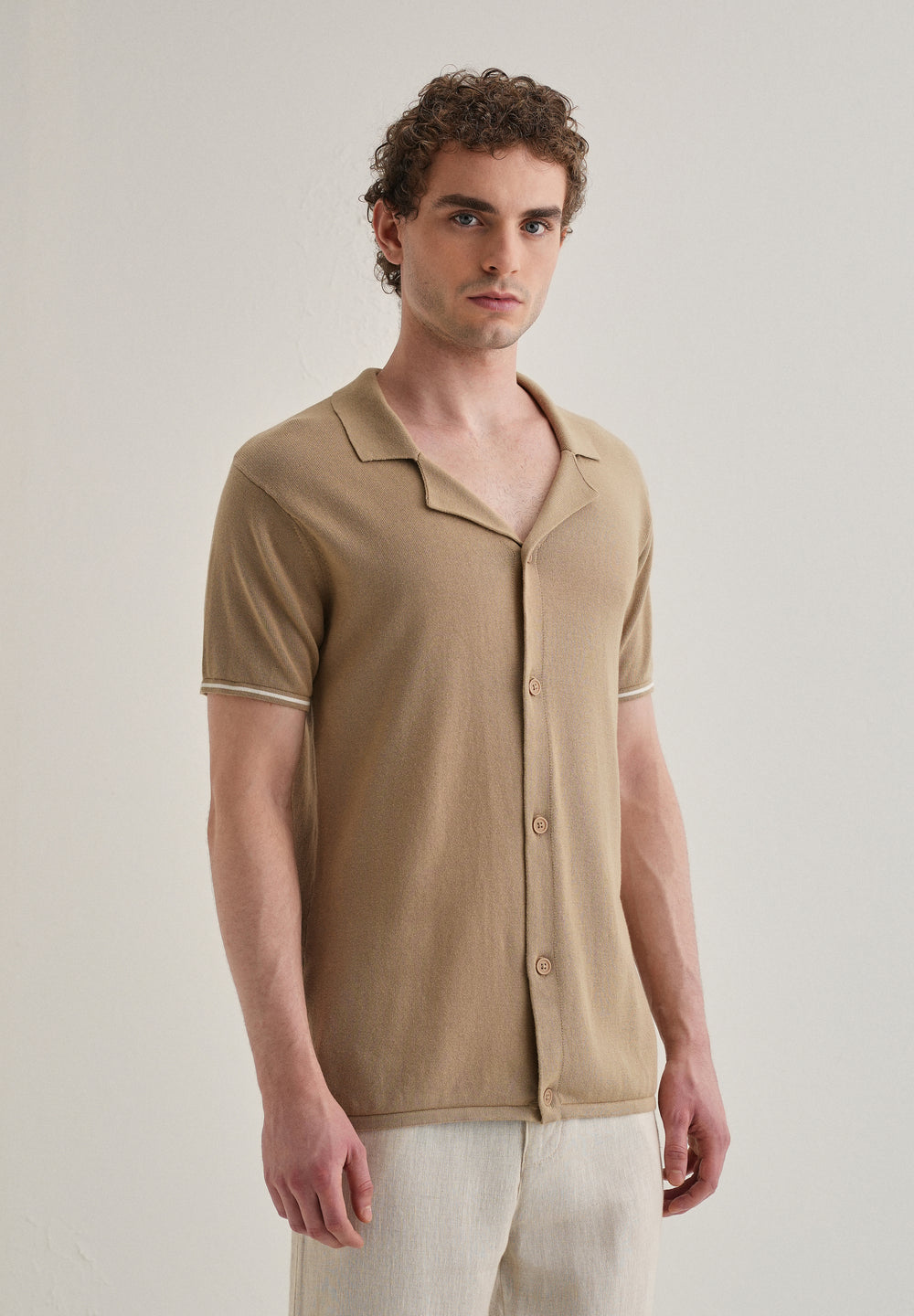Tan Plain Knit Cuban Collar Shirt