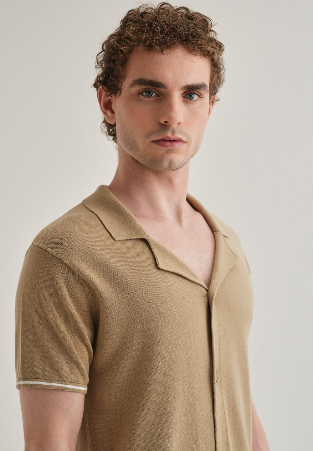 Tan Plain Knit Cuban Collar Shirt
