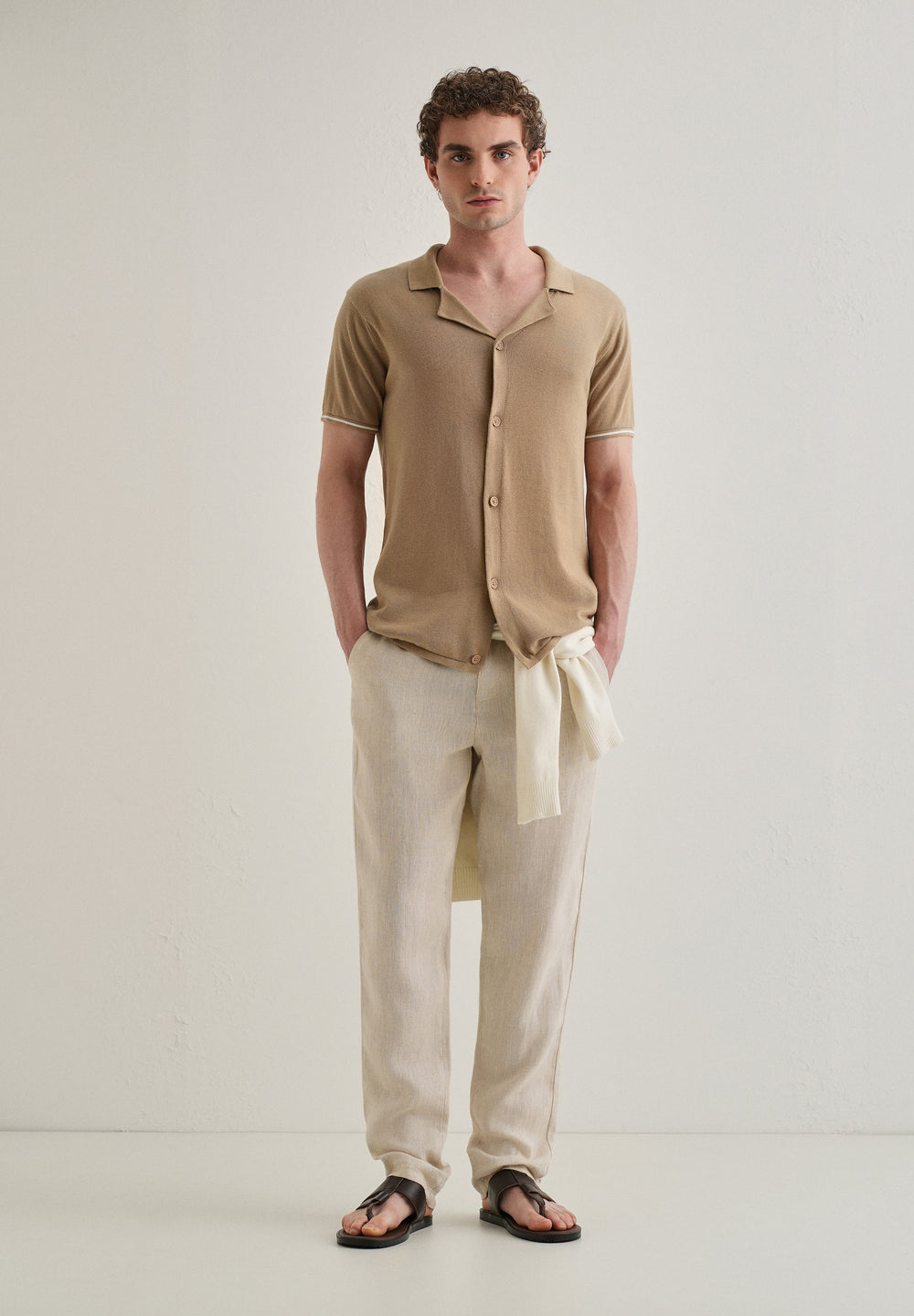 Tan Plain Knit Cuban Collar Shirt