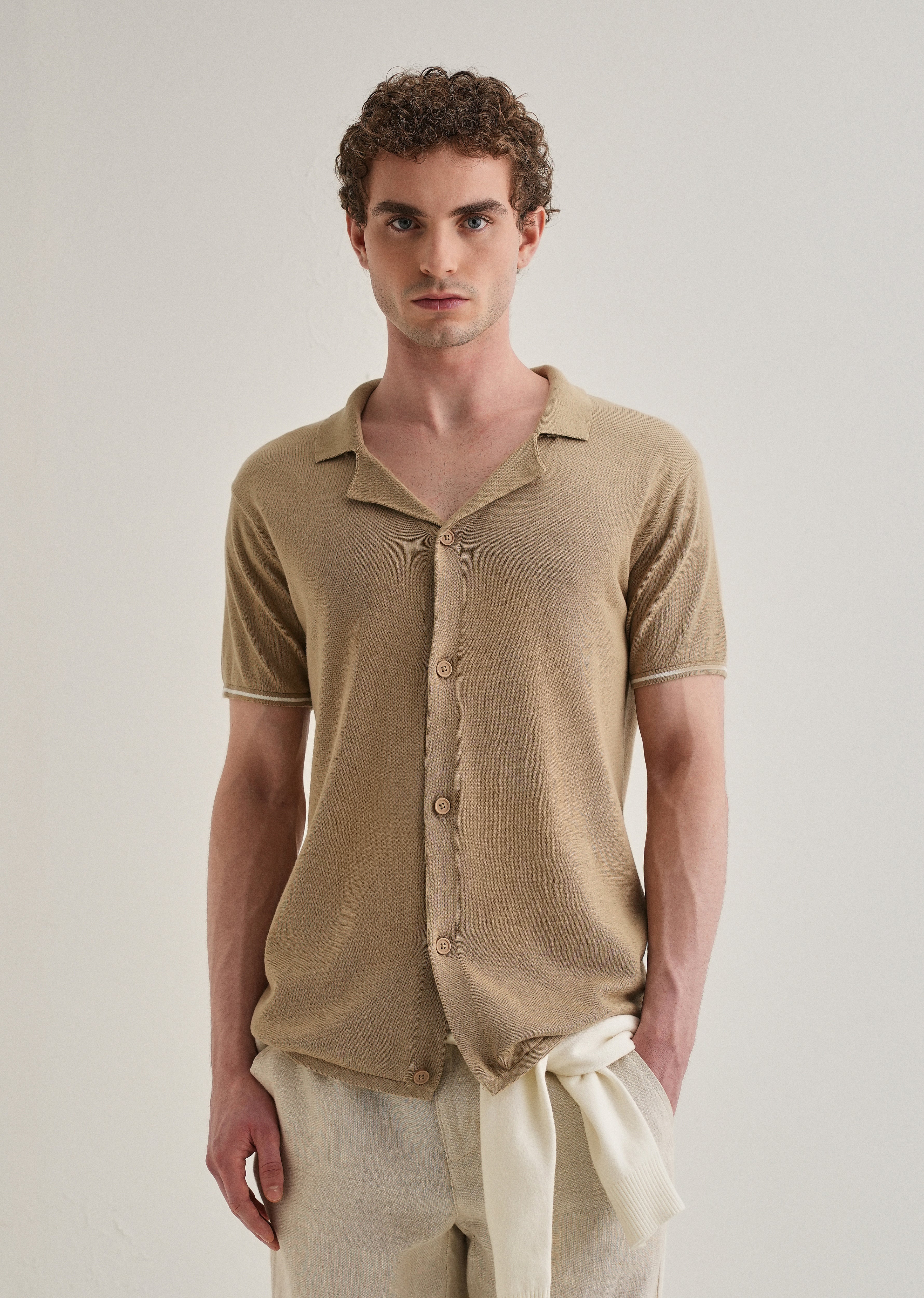 Tan Plain Knit Cuban Collar Shirt