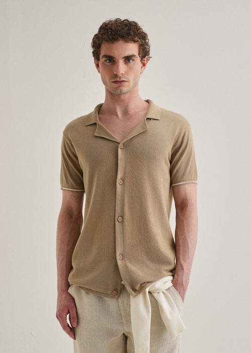 Tan Plain Knit Cuban Collar Shirt