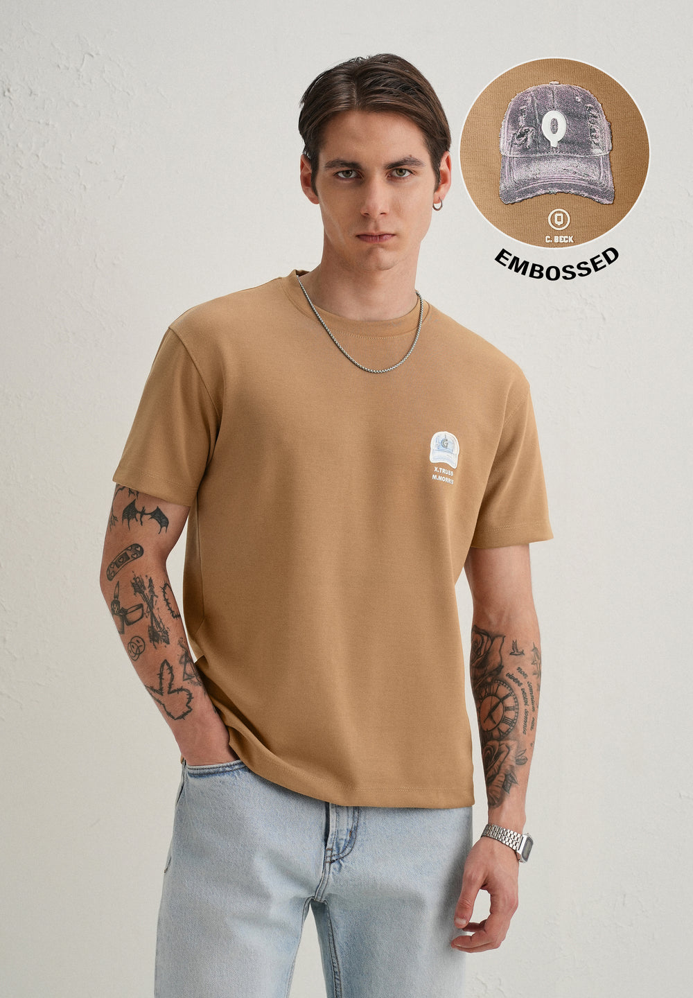 Tan Textured Back Print T-Shirt