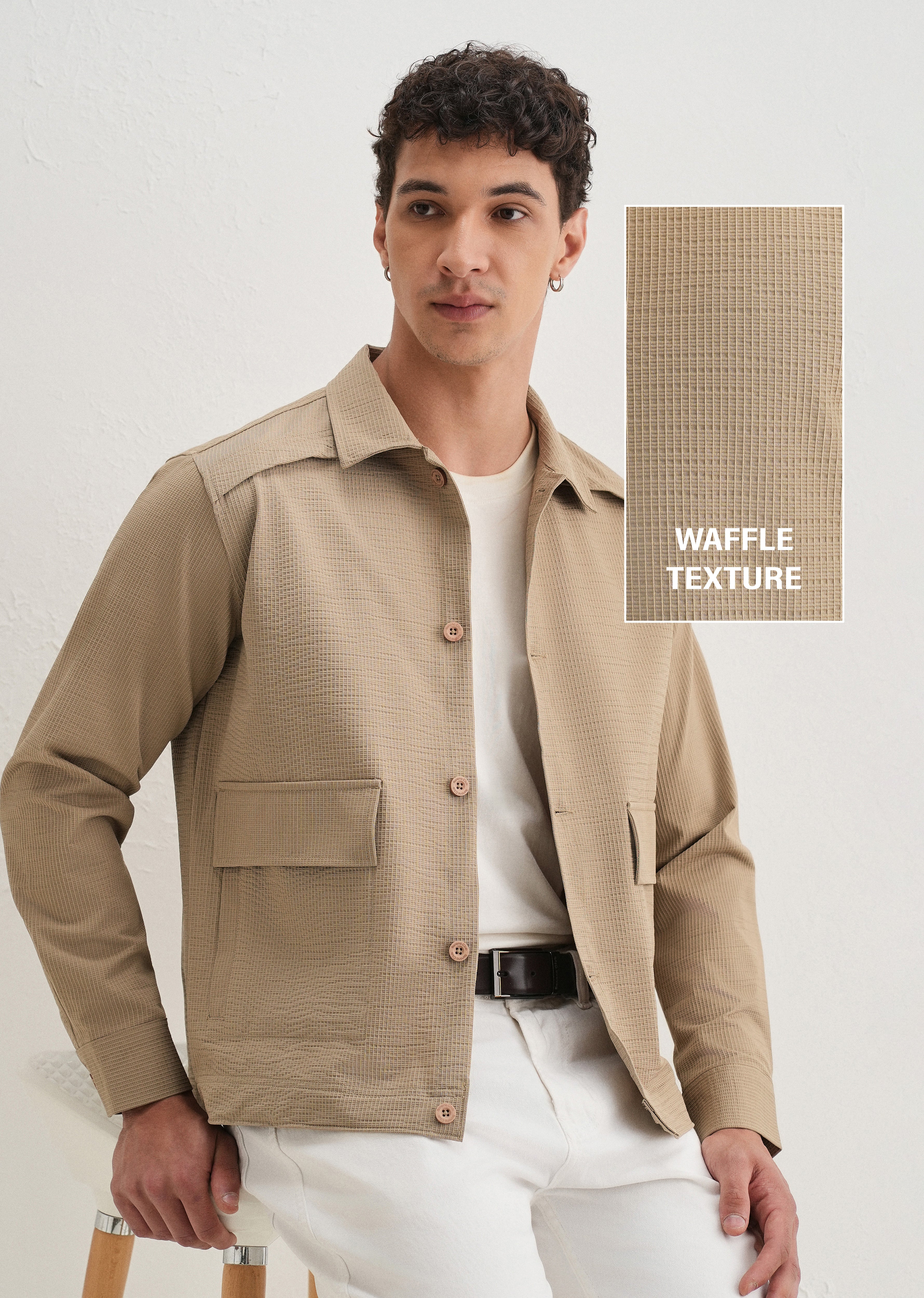 Tan Waffle Textured Shacket