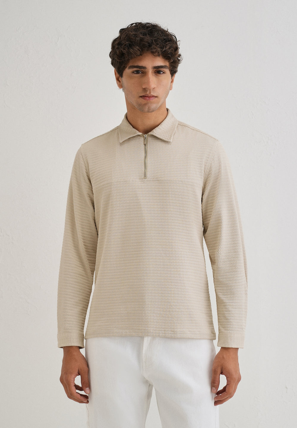 Tan Zipper Polo Knit T-shirt