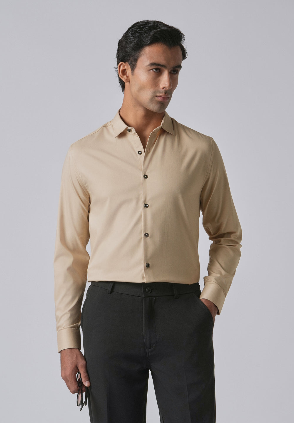 Tan Beige Cotton Stretch Plain Shirt