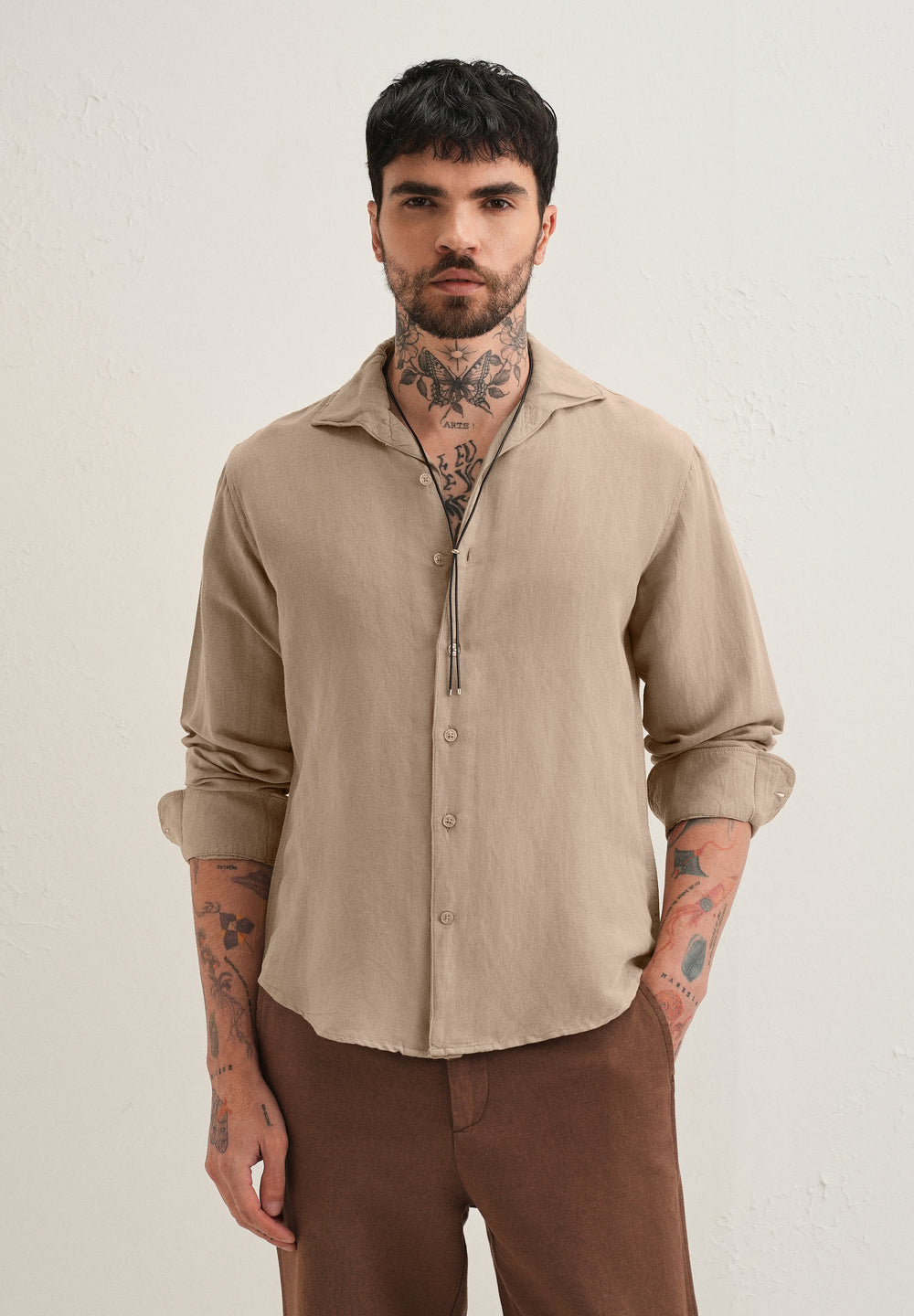 Tan Beige Plain Linen Viscose Shirt