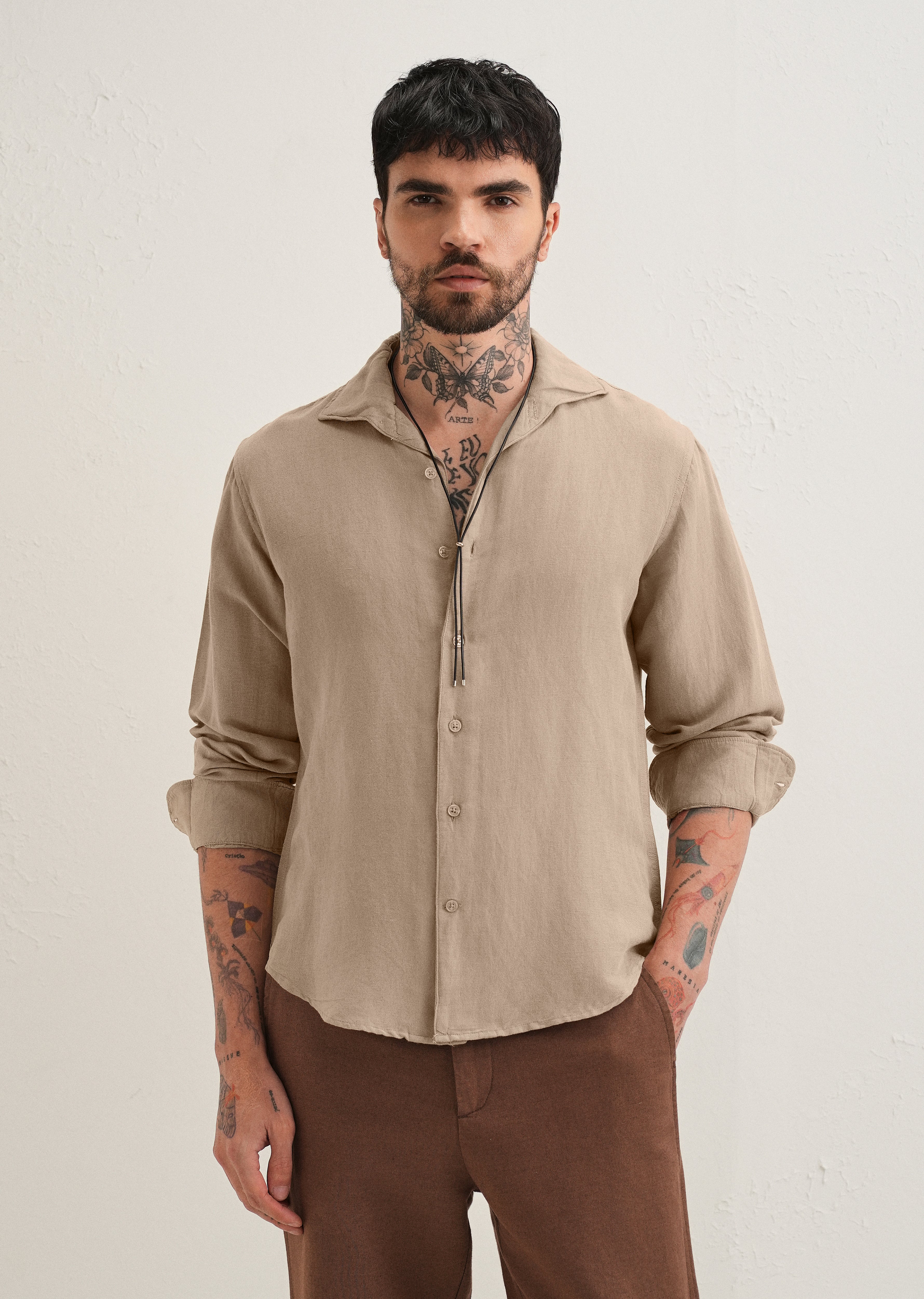 Tan Beige Plain Linen Viscose Shirt
