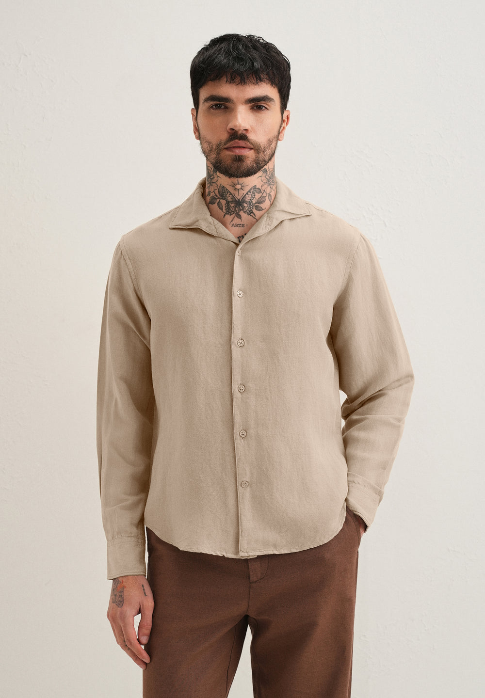 Tan Beige Plain Linen Viscose Shirt