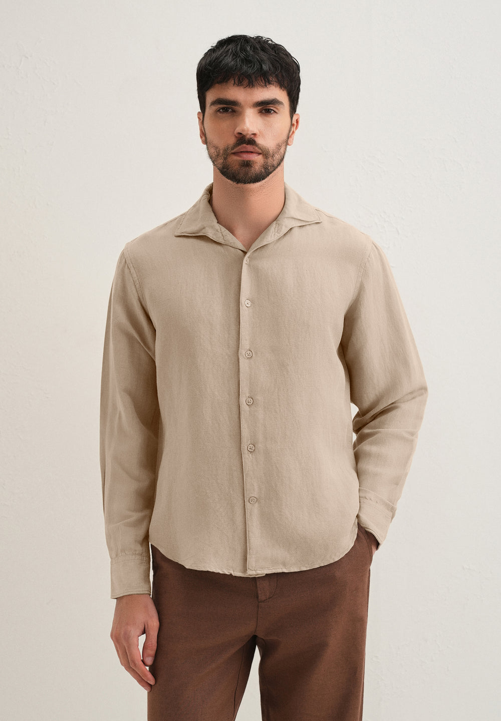 Tan Beige Plain Linen Viscose Shirt