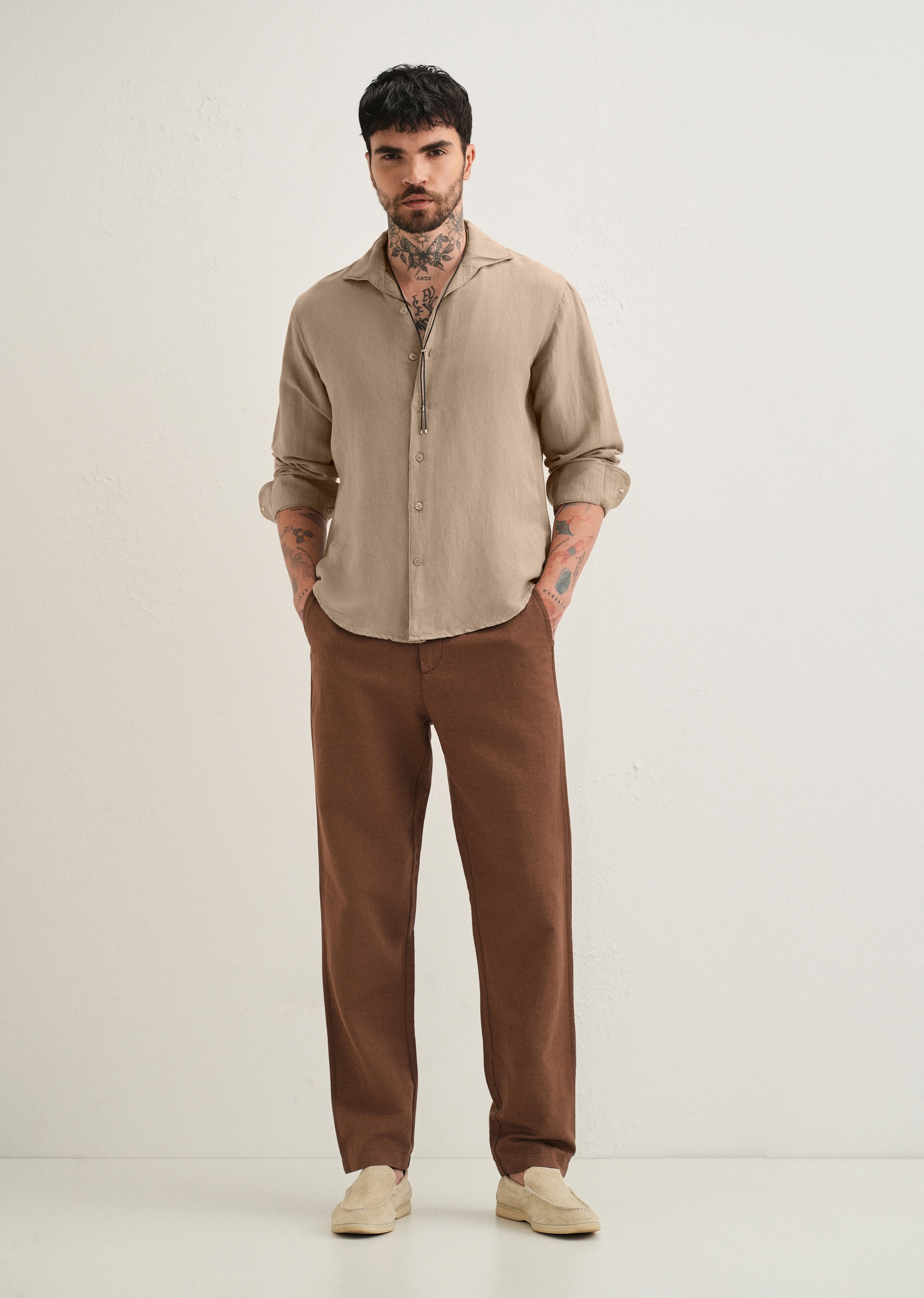 Tan Beige Plain Linen Viscose Shirt