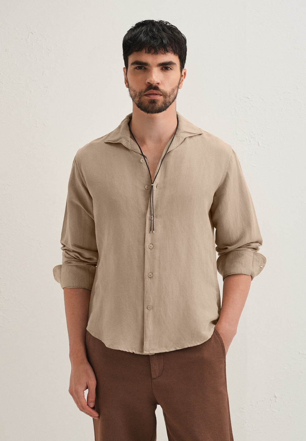 Tan Beige Plain Linen Viscose Shirt