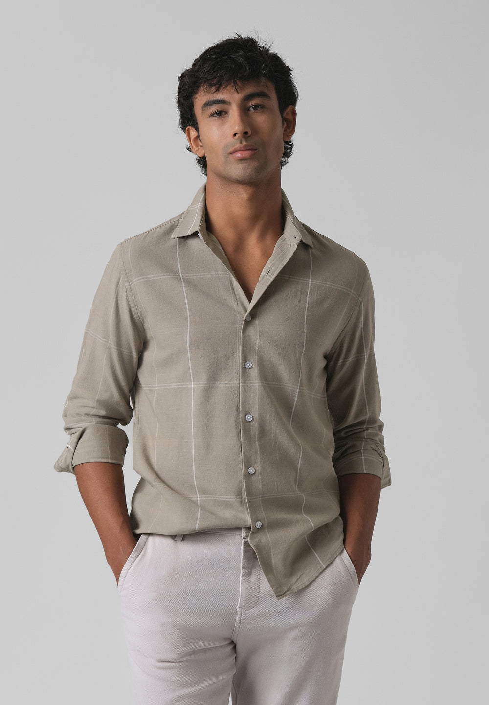 Tan Blended Linen Check Shirt