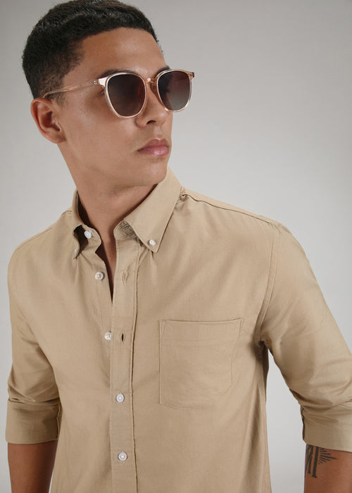 Tan Plain Cotton Oxford Shirt