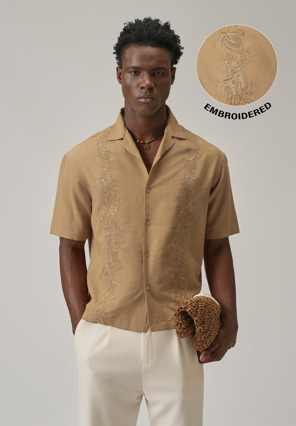 Tan Embroidery Linen Shirt