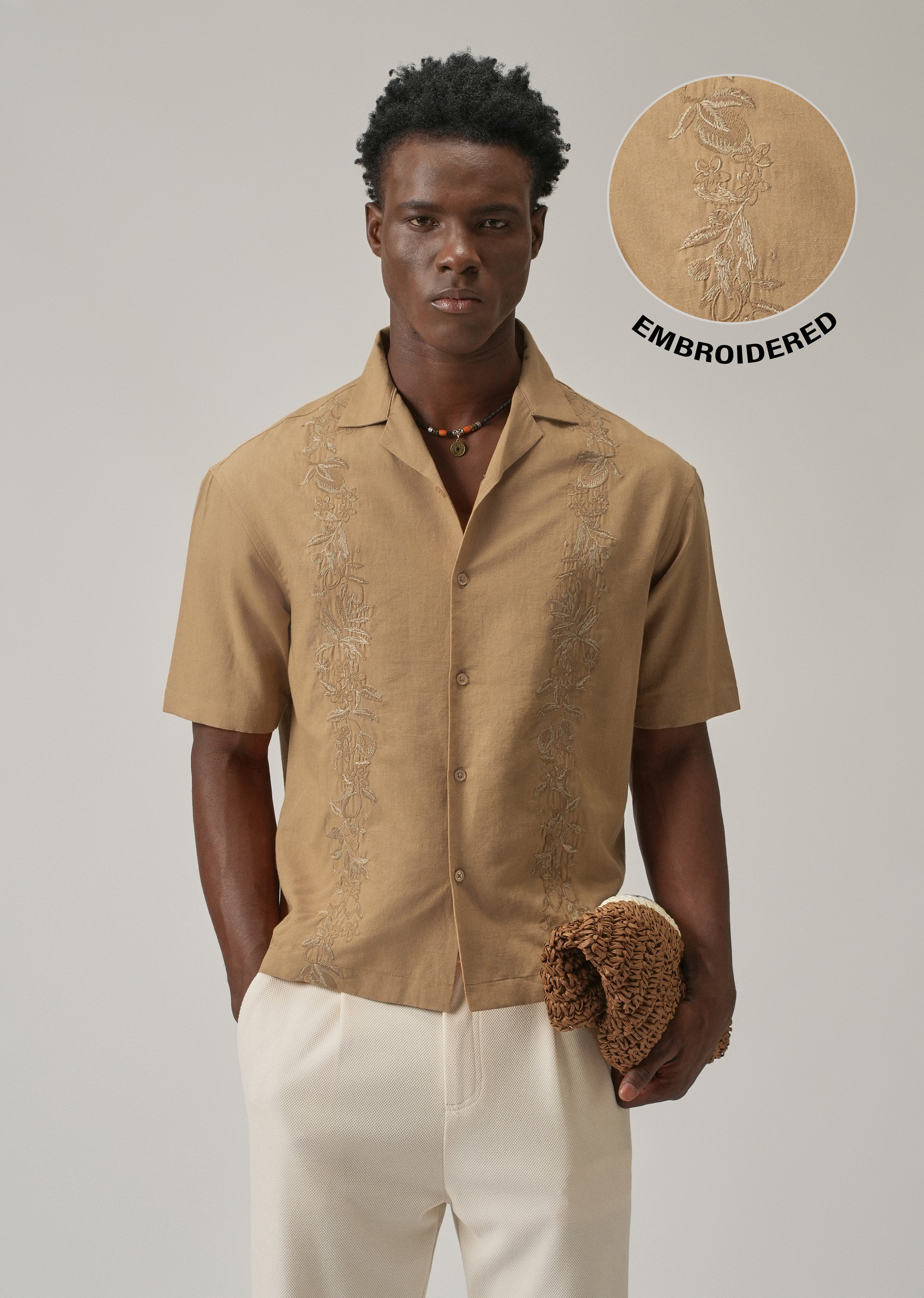 Tan Embroidery Linen Shirt