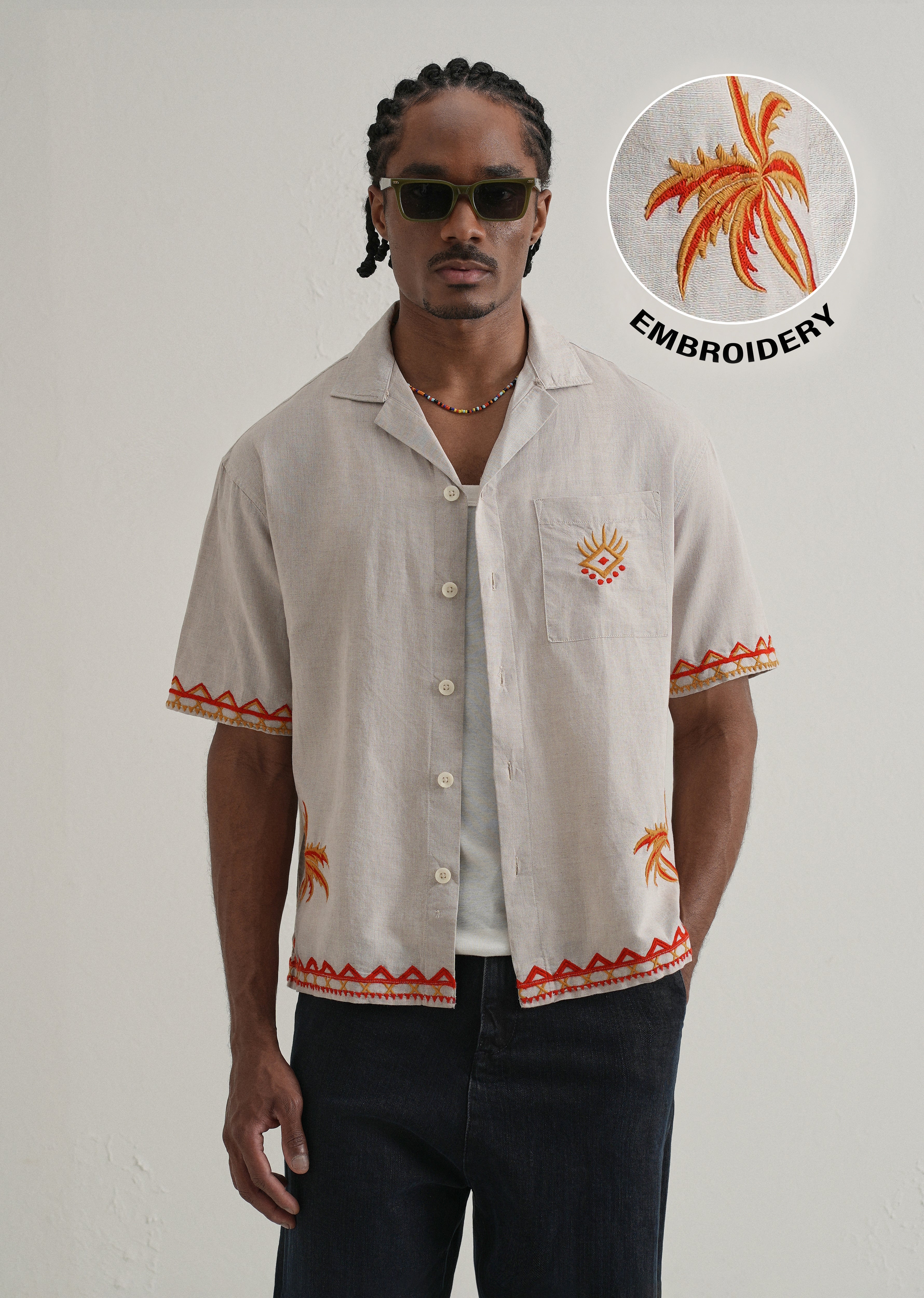 Tan Embroidery Cuban Collar Shirt