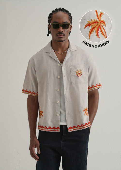 Tan Embroidery Cuban Collar Shirt