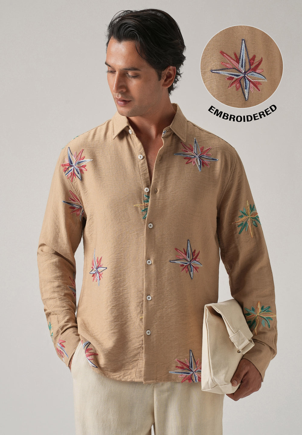 Tan Nautical Star Embroidery Shirt