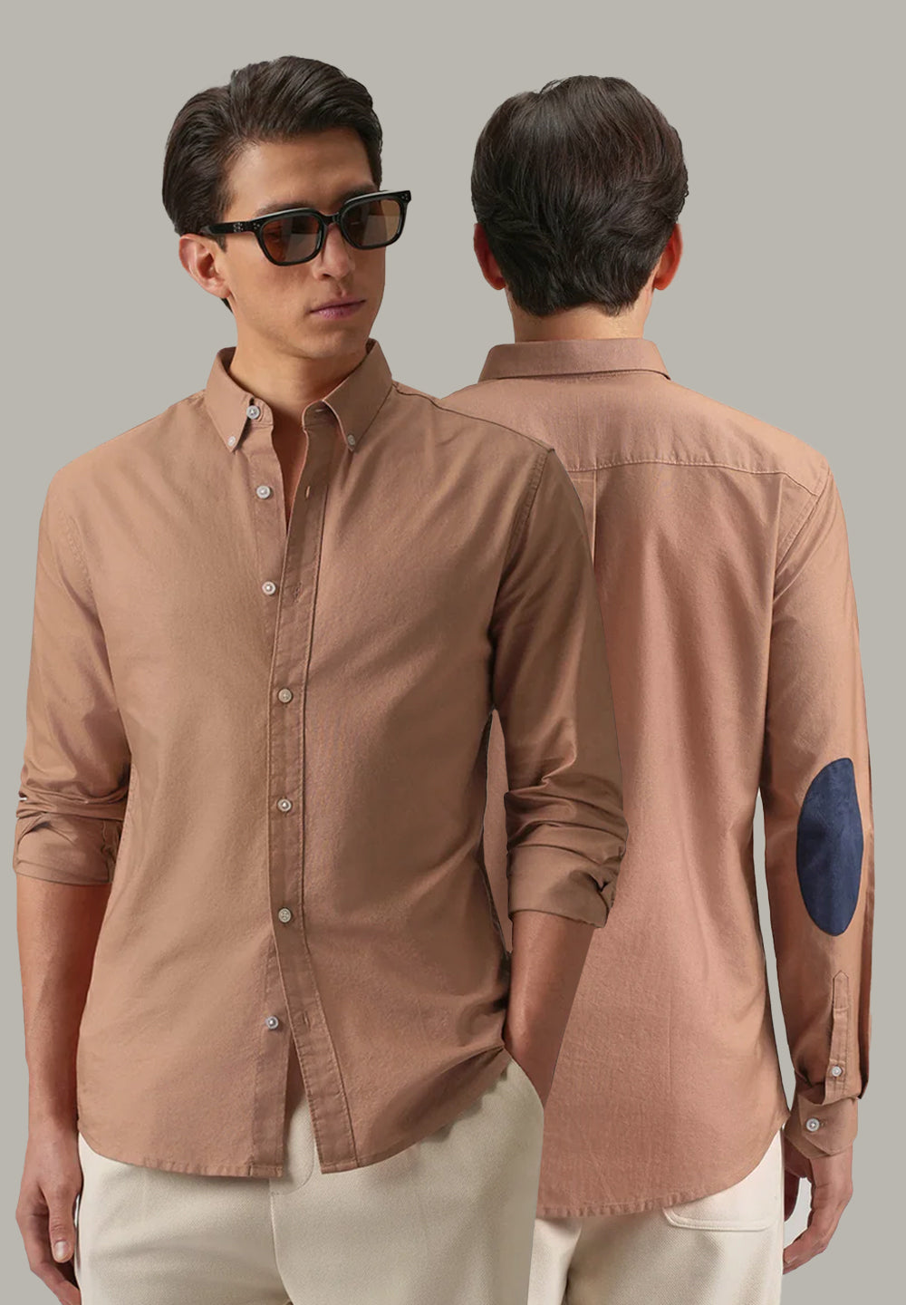 Tan Peach Plain Elbow Patch Oxford Shirt