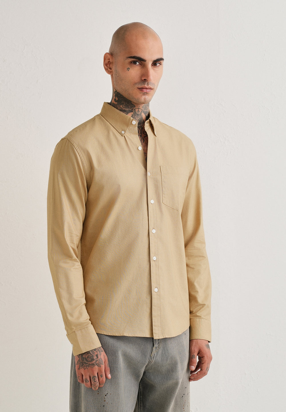 Tan Plain Cotton Oxford Shirt