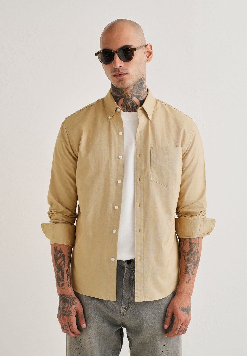 Tan Plain Cotton Oxford Shirt