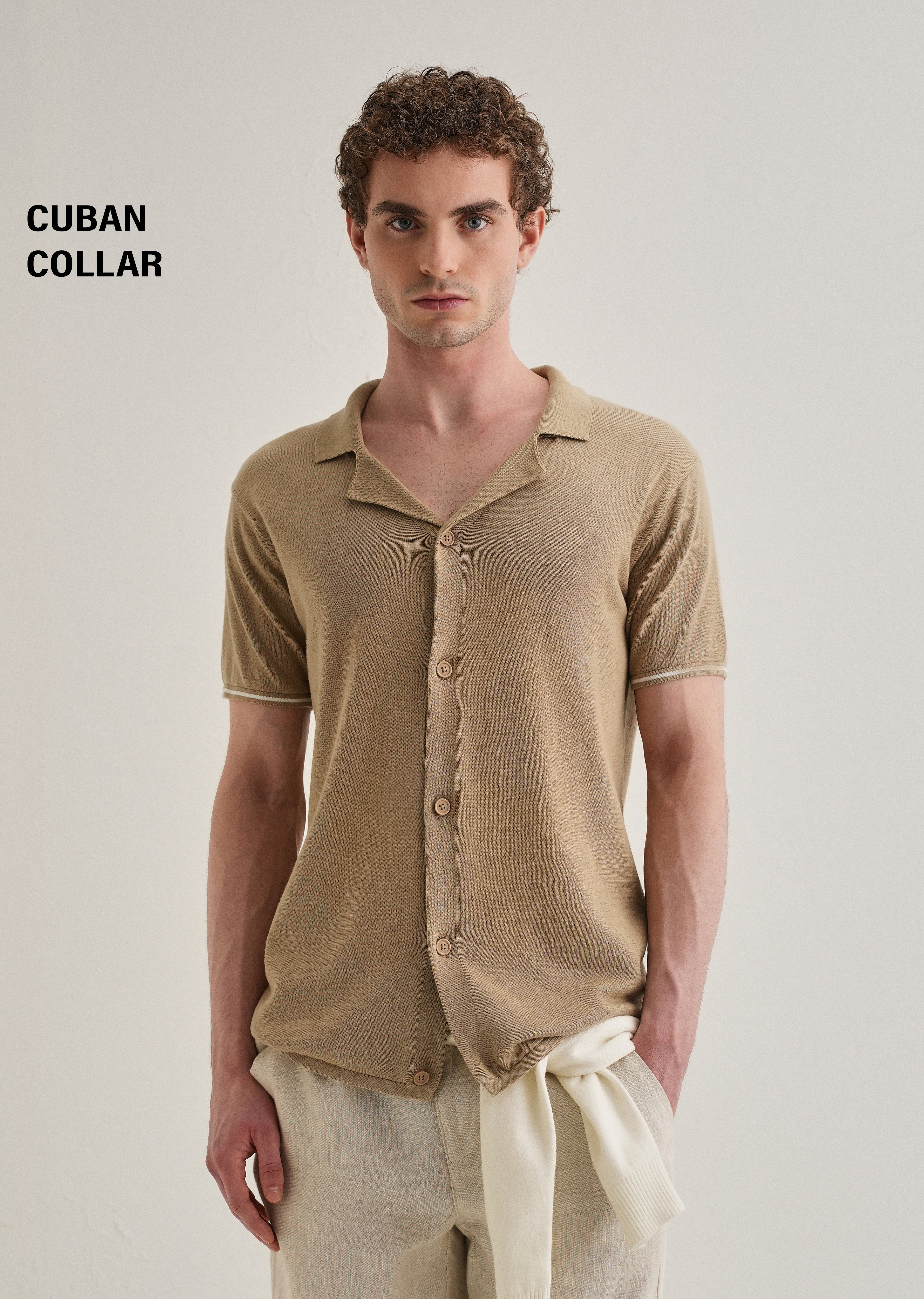 Tan Plain Knit Cuban Collar Shirt