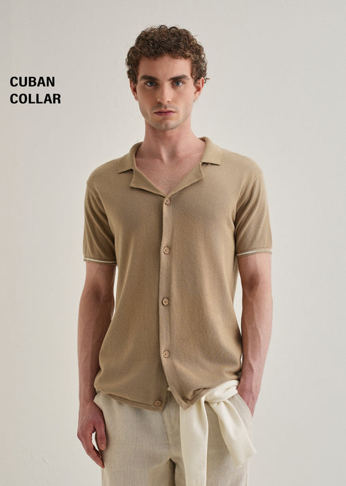 Tan Plain Knit Cuban Collar Shirt