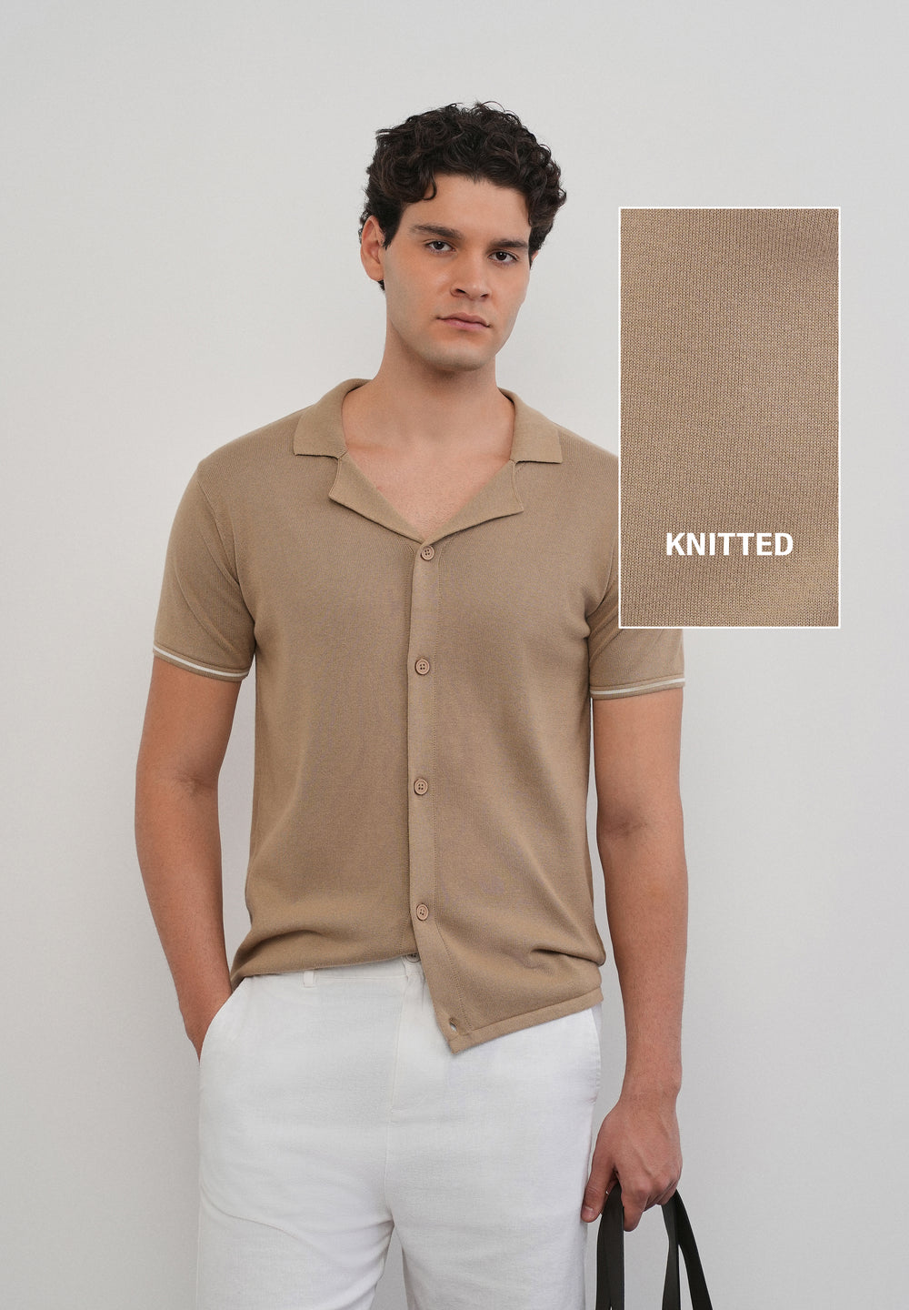 Tan Plain Knit Cuban Collar Shirt