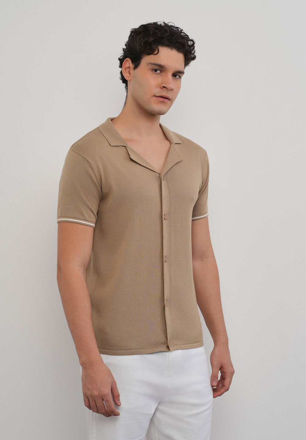 Tan Plain Knit Cuban Collar Shirt