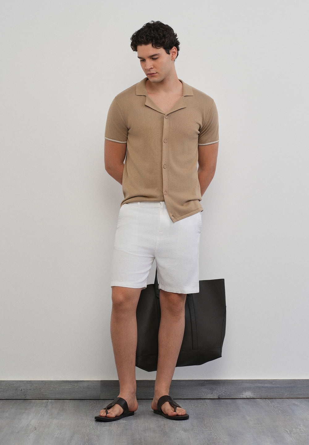 Tan Plain Knit Cuban Collar Shirt
