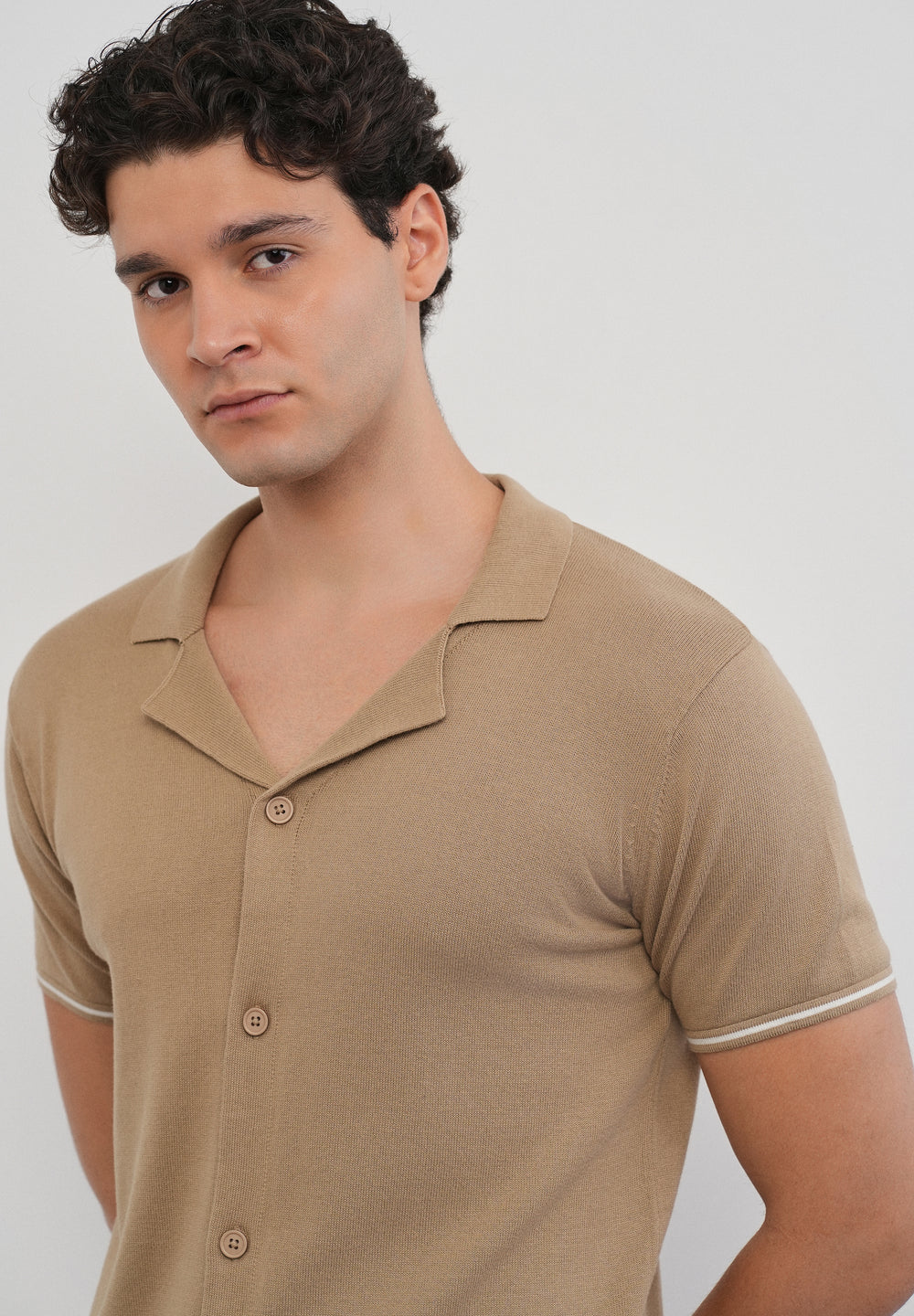Tan Plain Knit Cuban Collar Shirt