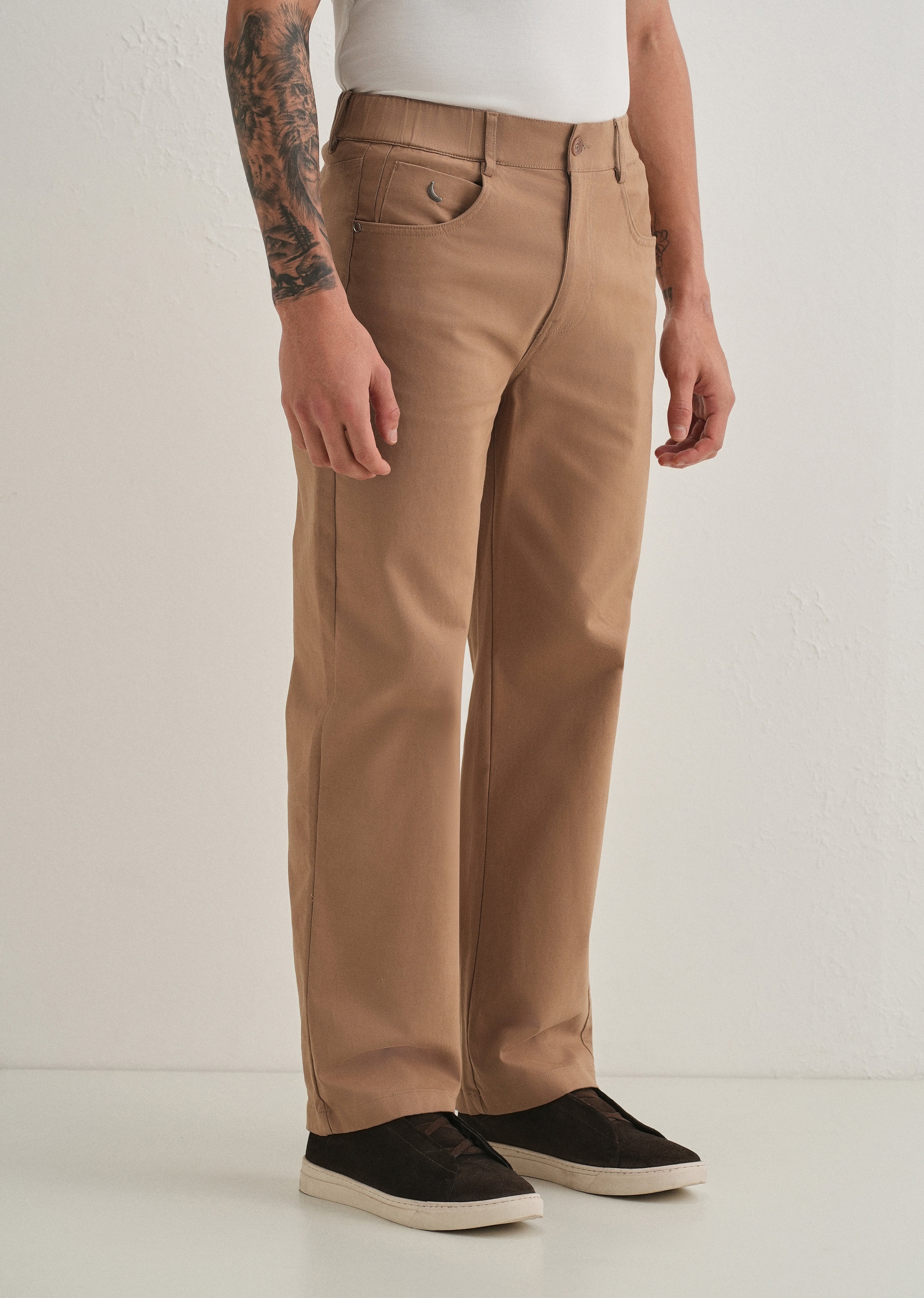 Tan Semi-Elasticated Cotton Trouser