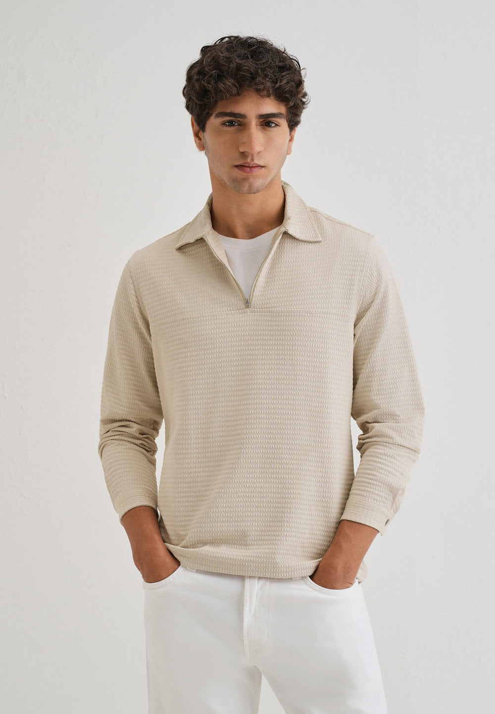 Tan Zipper Polo Knit T-shirt