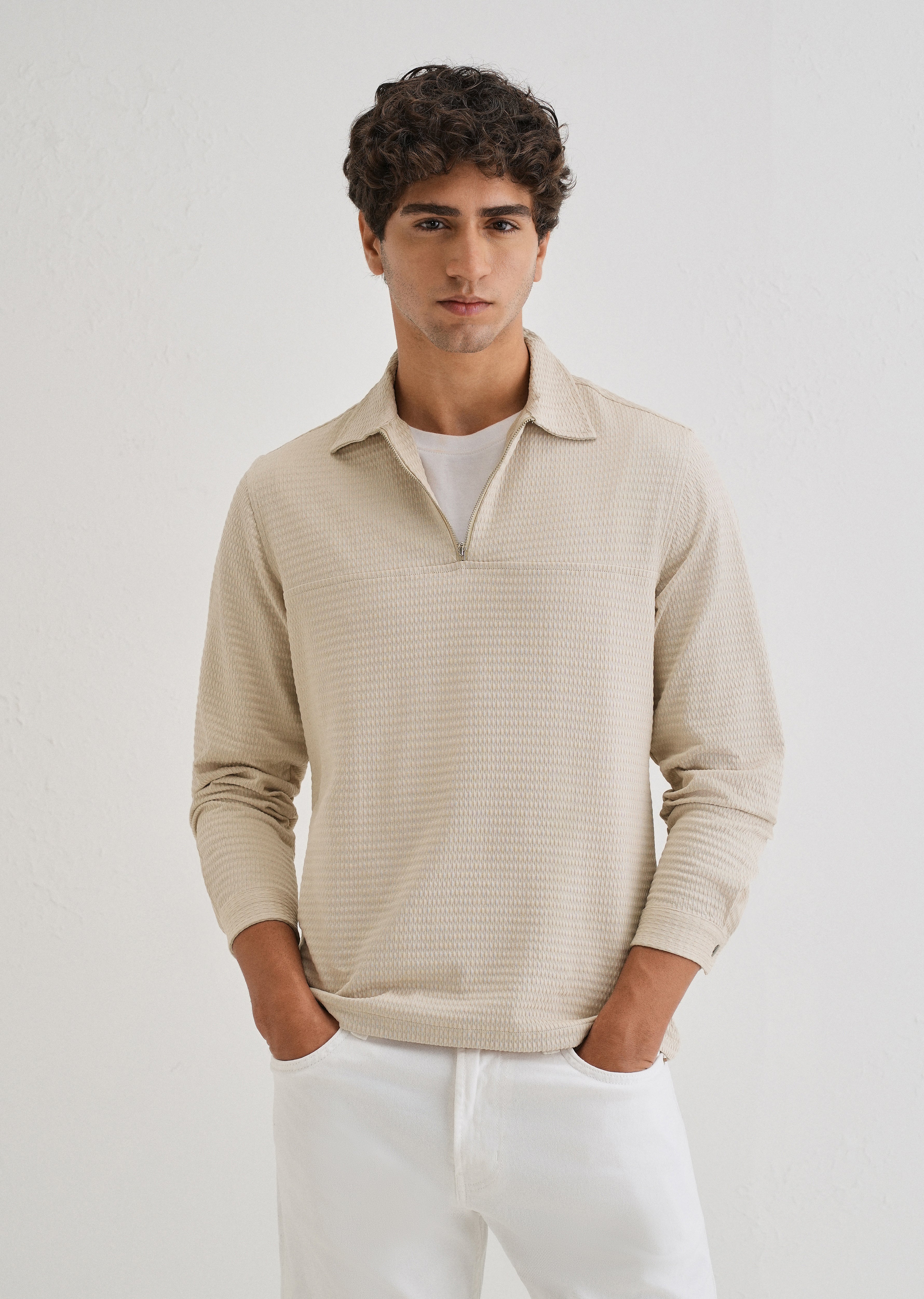 Tan Zipper Polo Knit T-shirt