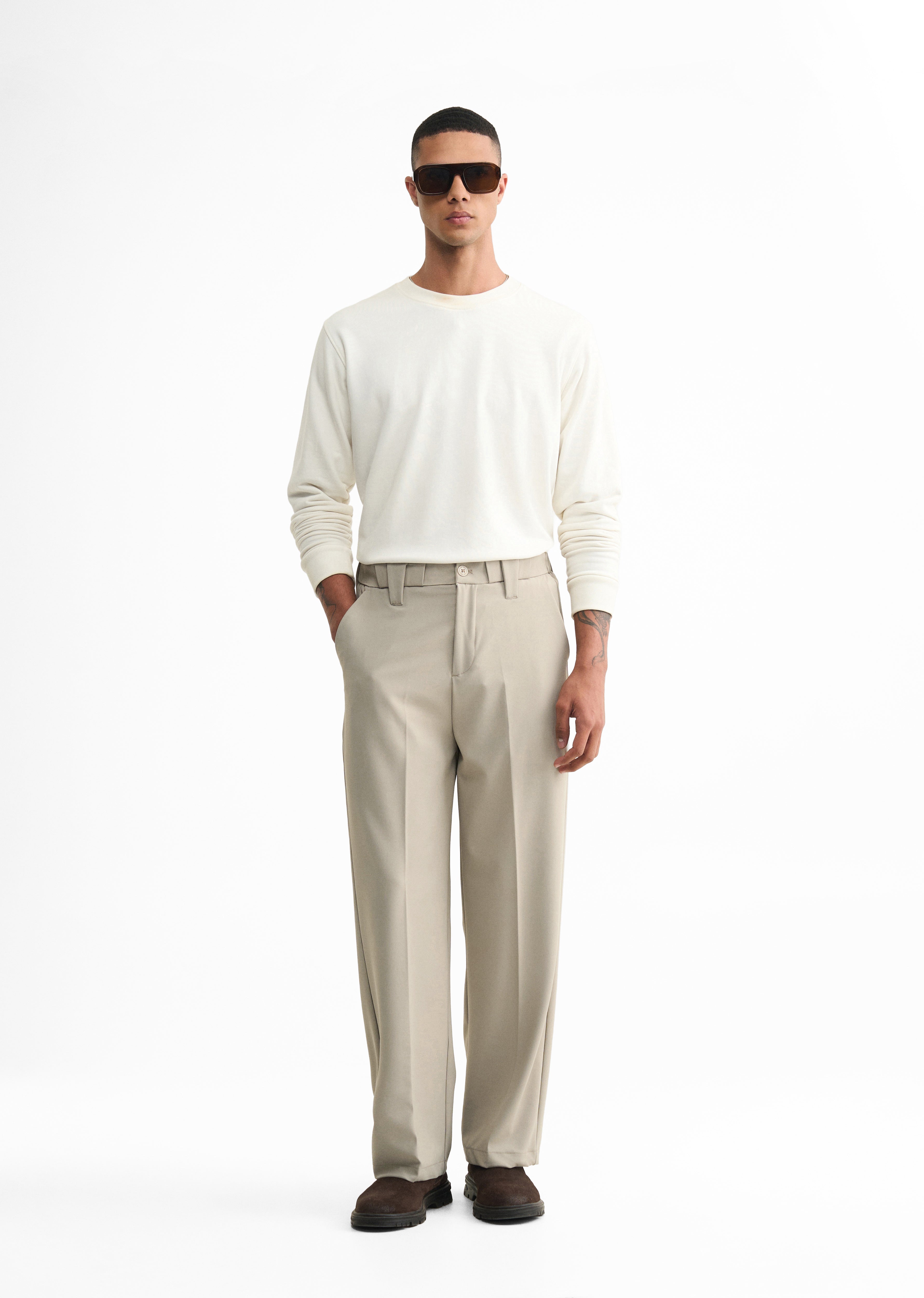 Taupe Back Elastic Relaxed Fit Trouser