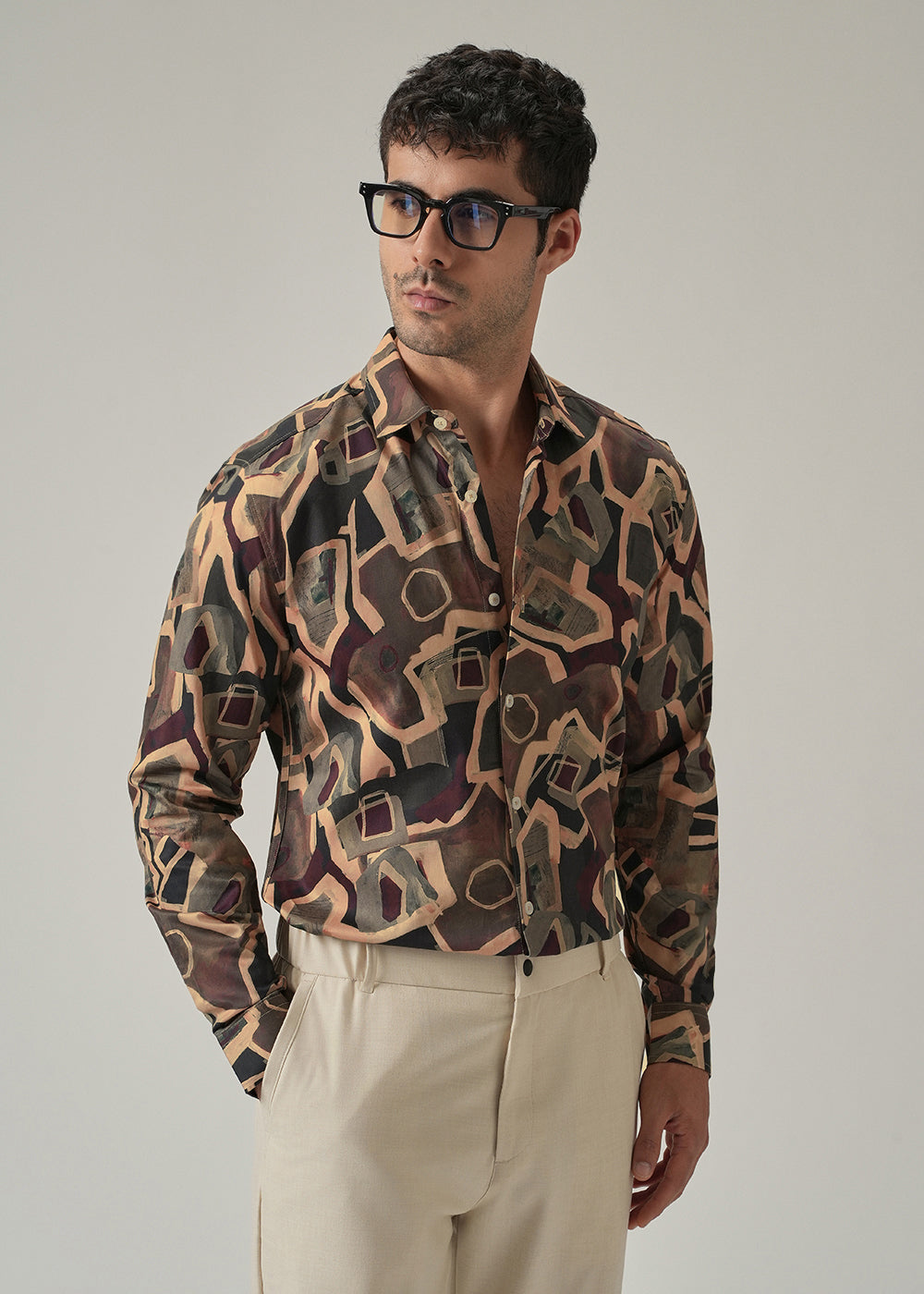 Taupe Beige Geometric Print Shirt