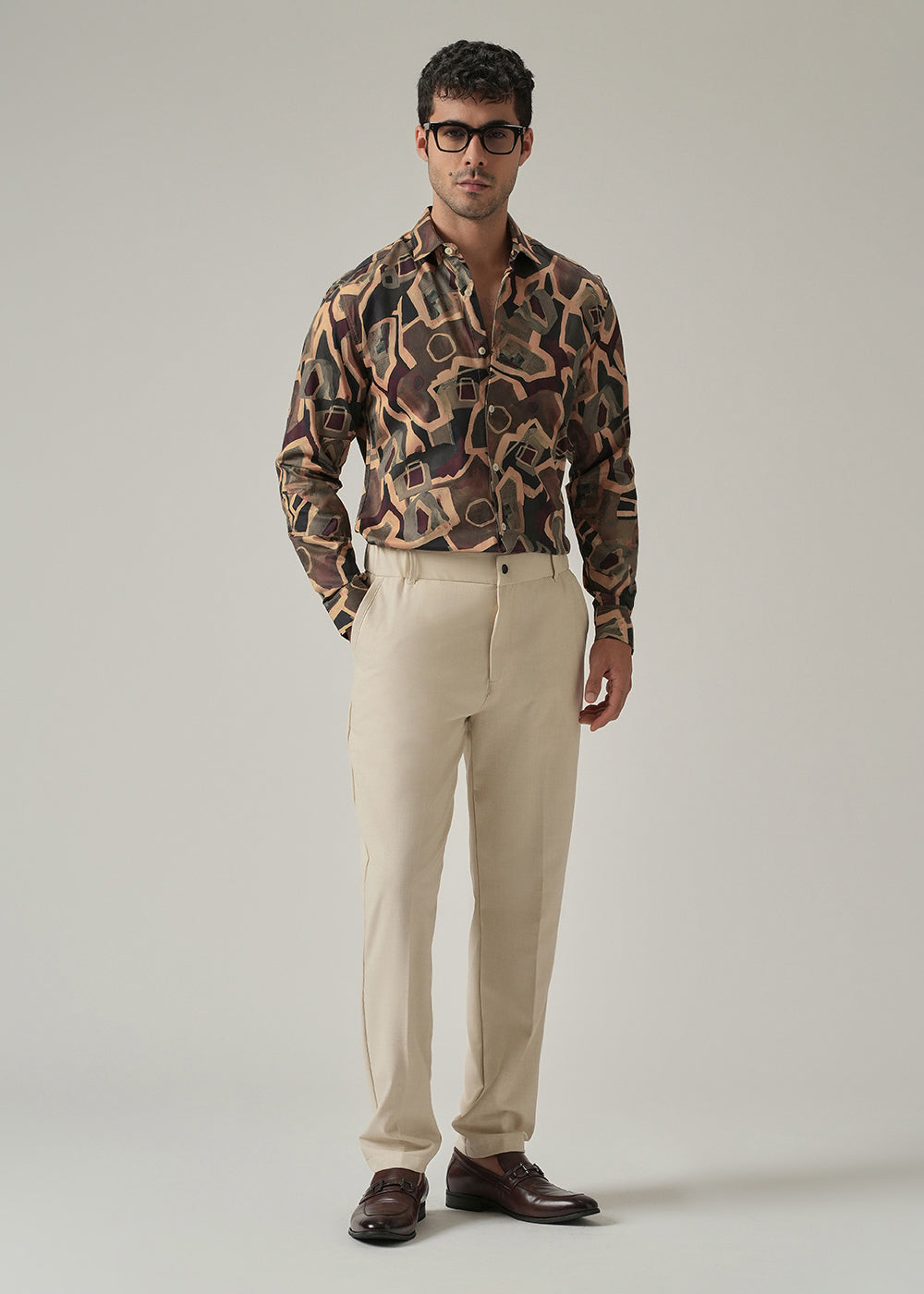 Taupe Beige Geometric Print Shirt