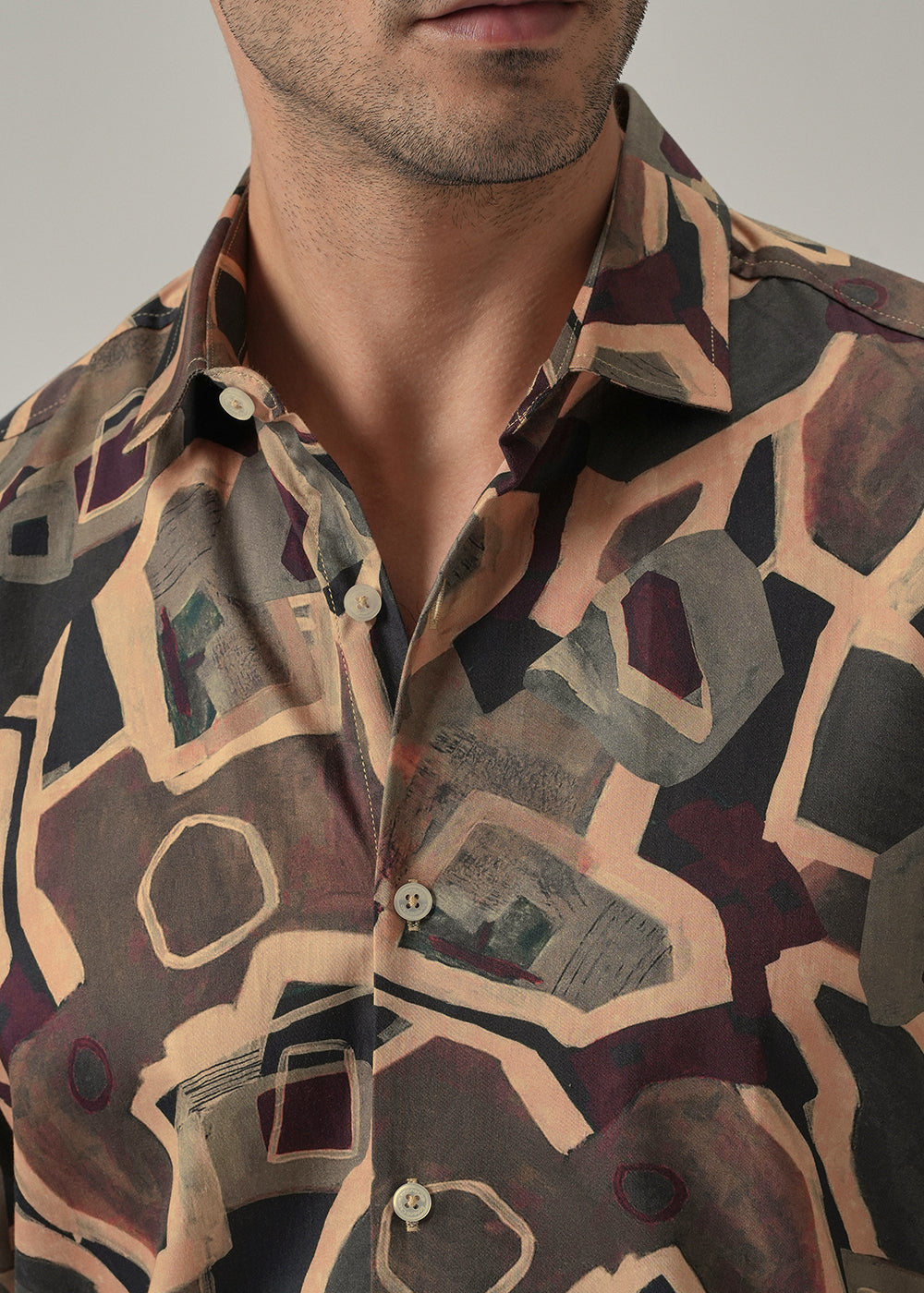 Taupe Beige Geometric Print Shirt